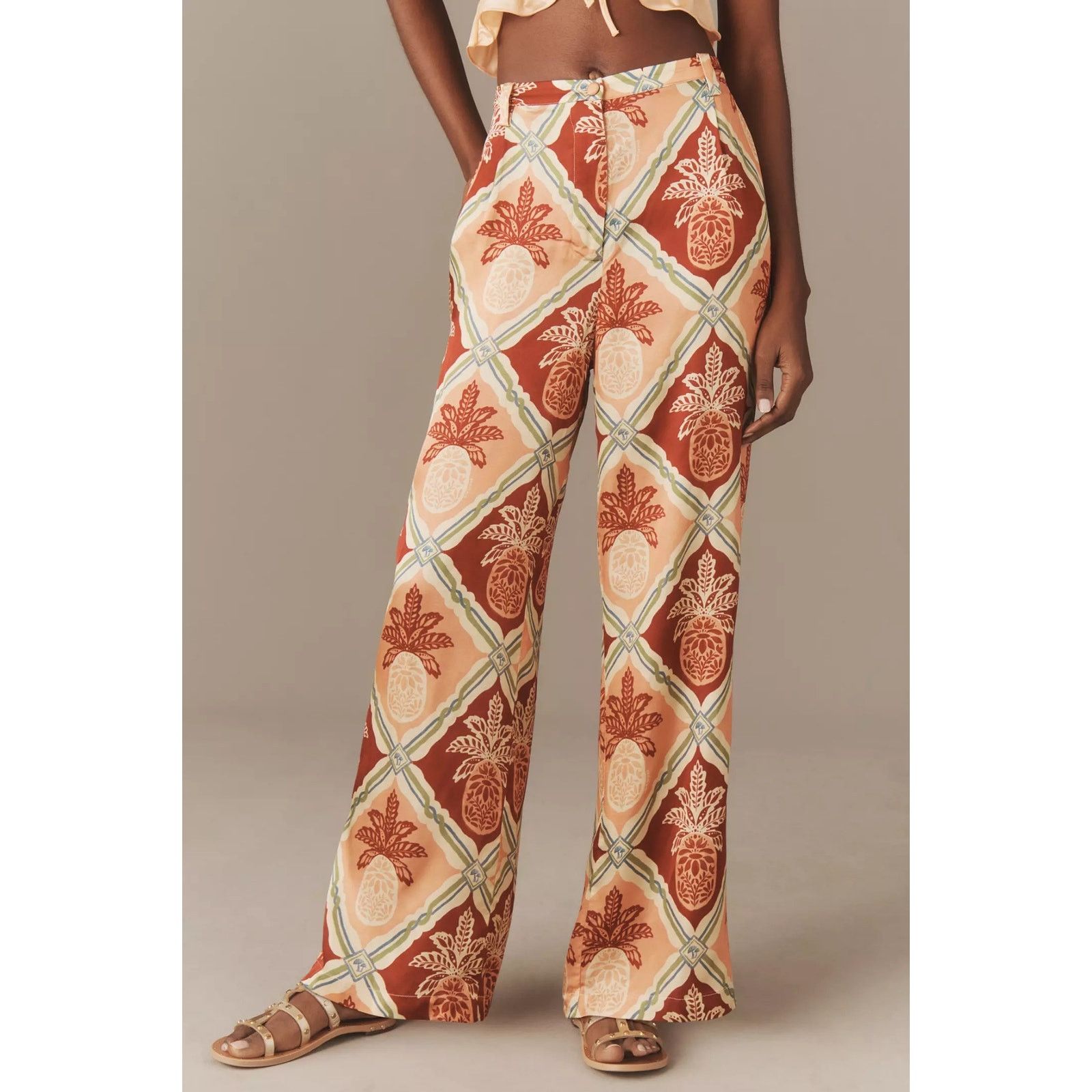 Anthropologie × Farm Rio New Pineapple Satin Wide-Leg Pants $188 X-SMALL Red Size 26" / US 2 / IT 38 - 4 Thumbnail