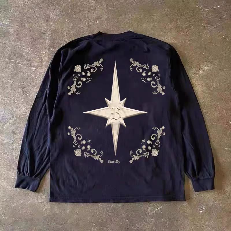 Japanese Brand Street fashion washed retro star pattern long sleeve tee Size US L / EU 52-54 / 3 - 1 Thumbnail