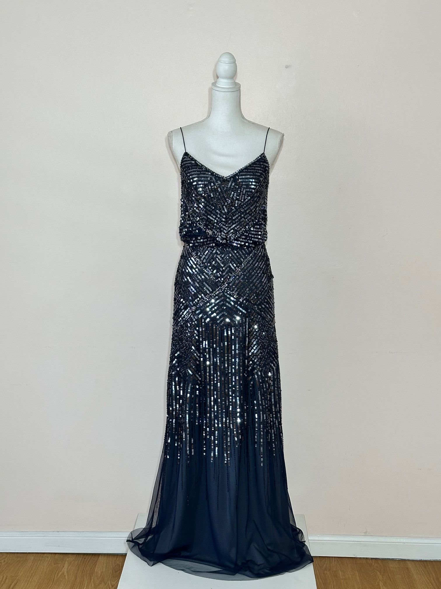 Adrianna Papell Art Deco Black Sequin Mesh Blouson Gown