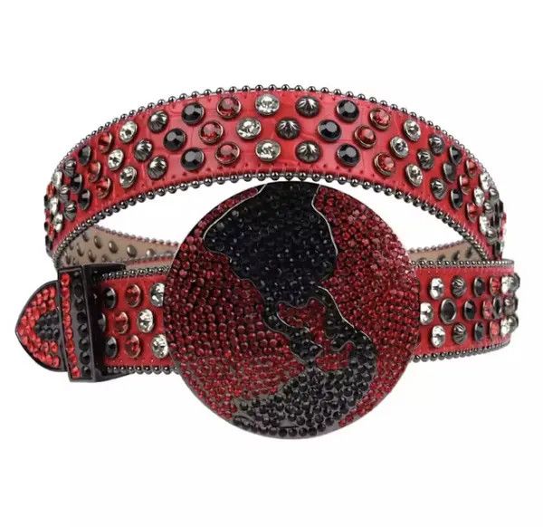 image of Designer Rhinestone Studded Belt in Red, Men's (Size 32)