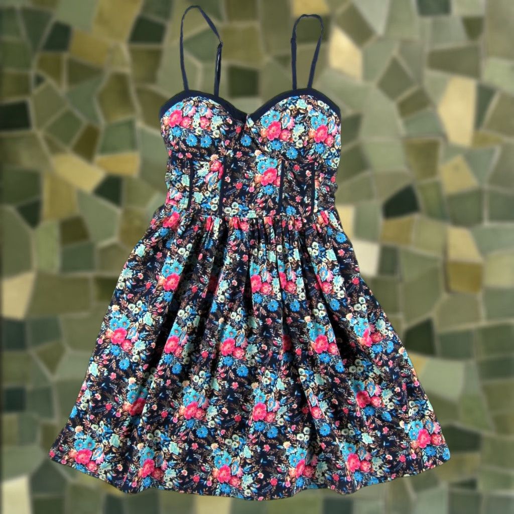 Vintage Band Of Gypsies Blue Pink Floral Sweetheart Spaghetti Strap Pocket Slip Dress XS Size XS / US 0-2 / IT 36-38 - 1 Thumbnail