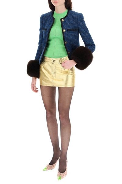 Saint Laurent Paris o1s1wg111224 Tweed Jacket With Faux Fur Cuffs in Blue/Black Size XL / US 12-14 / IT 48-50 - 2 Thumbnail