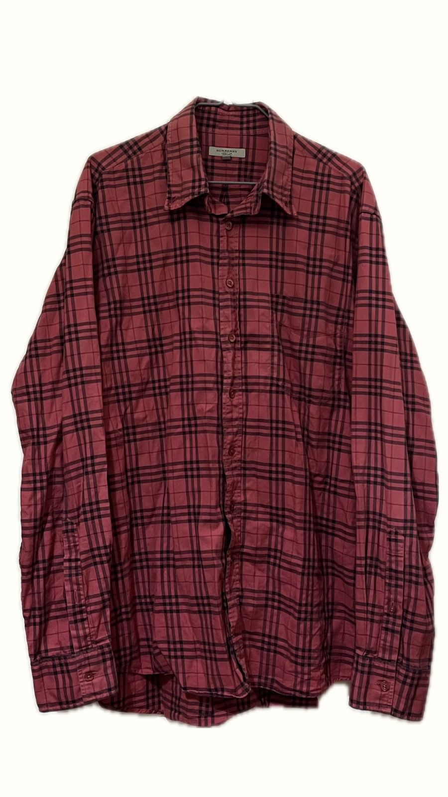 image of Burberry Check Plaid Shirt With Embroidered Logo in Black Red, Men's (Size Large)