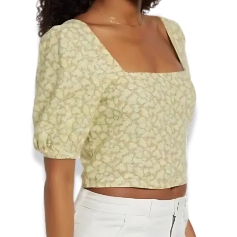 BP. BP. Puff Sleeve Crop Top Linen Yellow Floral Women's Plus 2X Size XXL / US 16-18 / IT 52-54 - 1 Thumbnail