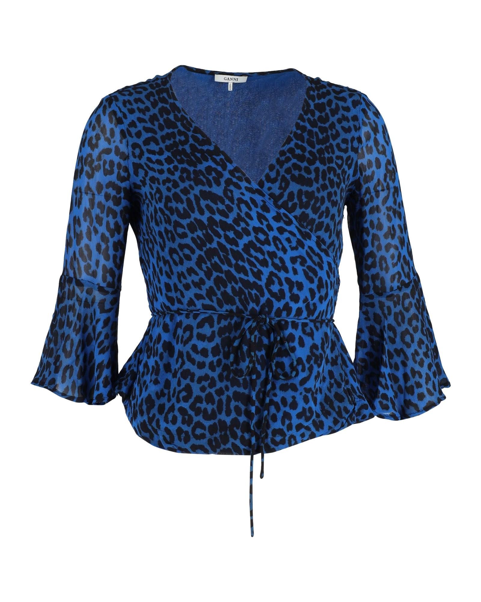 image of Ganni Blue Animal Print Viscose Wrap Blouse, Women's (Size XS)