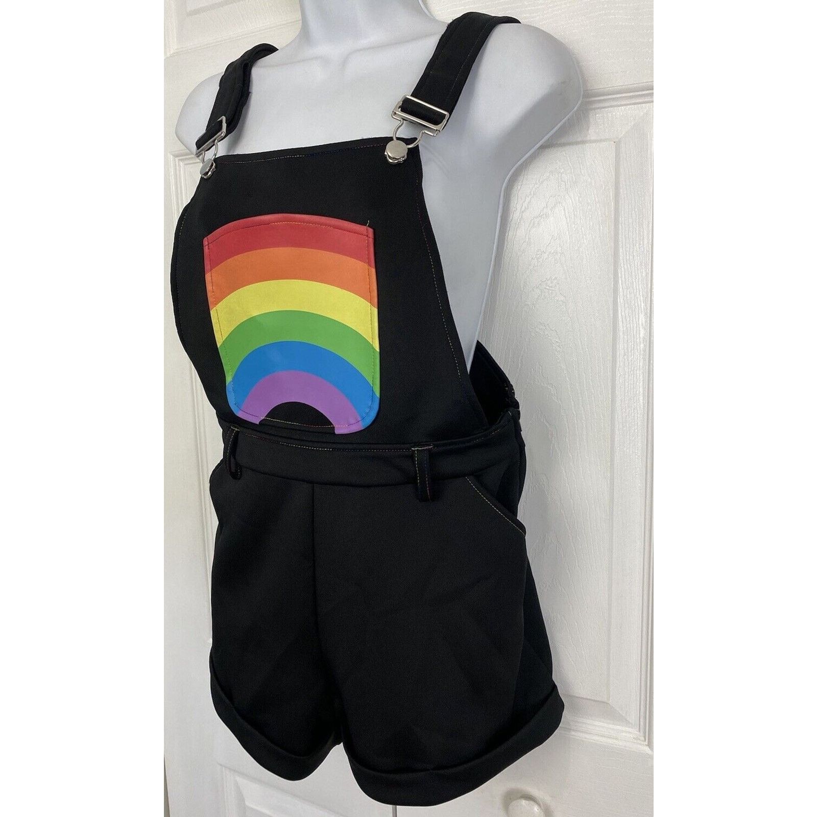 Other Hot Topic Rainbow Black Shortalls Rainbow Thread Overalls Size 28" / US 6 / IT 42 - 2 Thumbnail