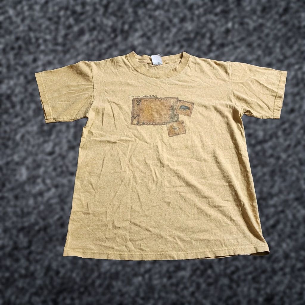Anvil VINTAGE Mens M Lake Tahoe Travel Souvenir T Shirt Distressed Mens T-Shirt 90s Beige Cotton Anvil Short Sleeve Crew Neck 1990s Size US M / EU 48-50 / 2 - 1 Thumbnail
