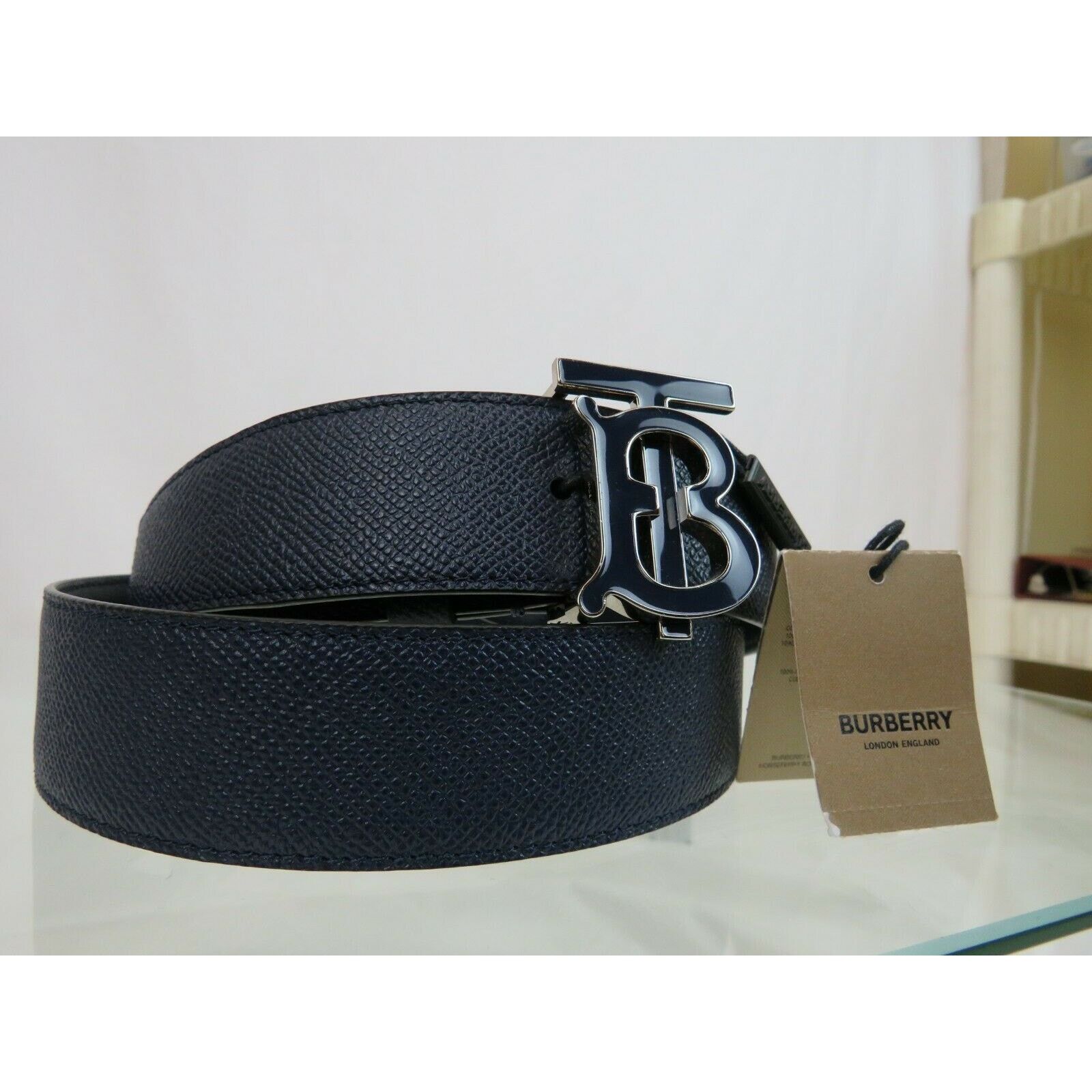 Burberry BURBERRY TB 35 BLUE LEATHER ENAMEL BUCKLE LOGO BELT 90 36 IT Size 36 - 2 Thumbnail