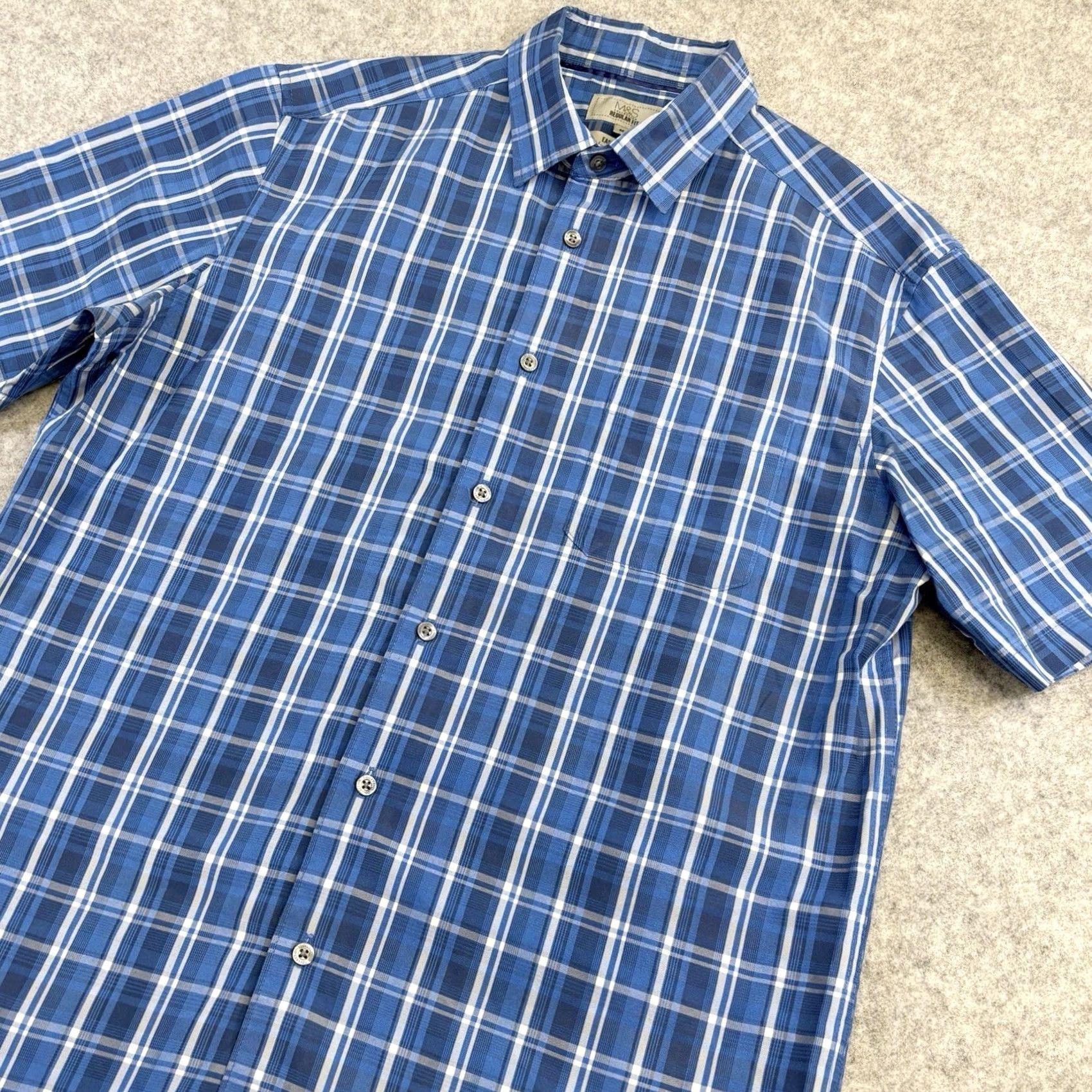Marks & Spencer VINTAGE: No — M&S shirt blue check short sleeve, regular fit, easy care, polyester modal, button-up, Men, M Size US M / EU 48-50 / 2 - 3 Thumbnail