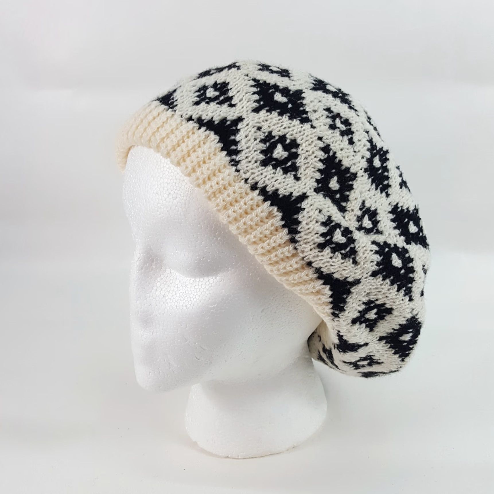 Vintage VINTAGE Vintage 80s Knit Wool Cream Diamond French Beret Warm Winter Hat Womens One Size Size ONE SIZE - 2 Thumbnail