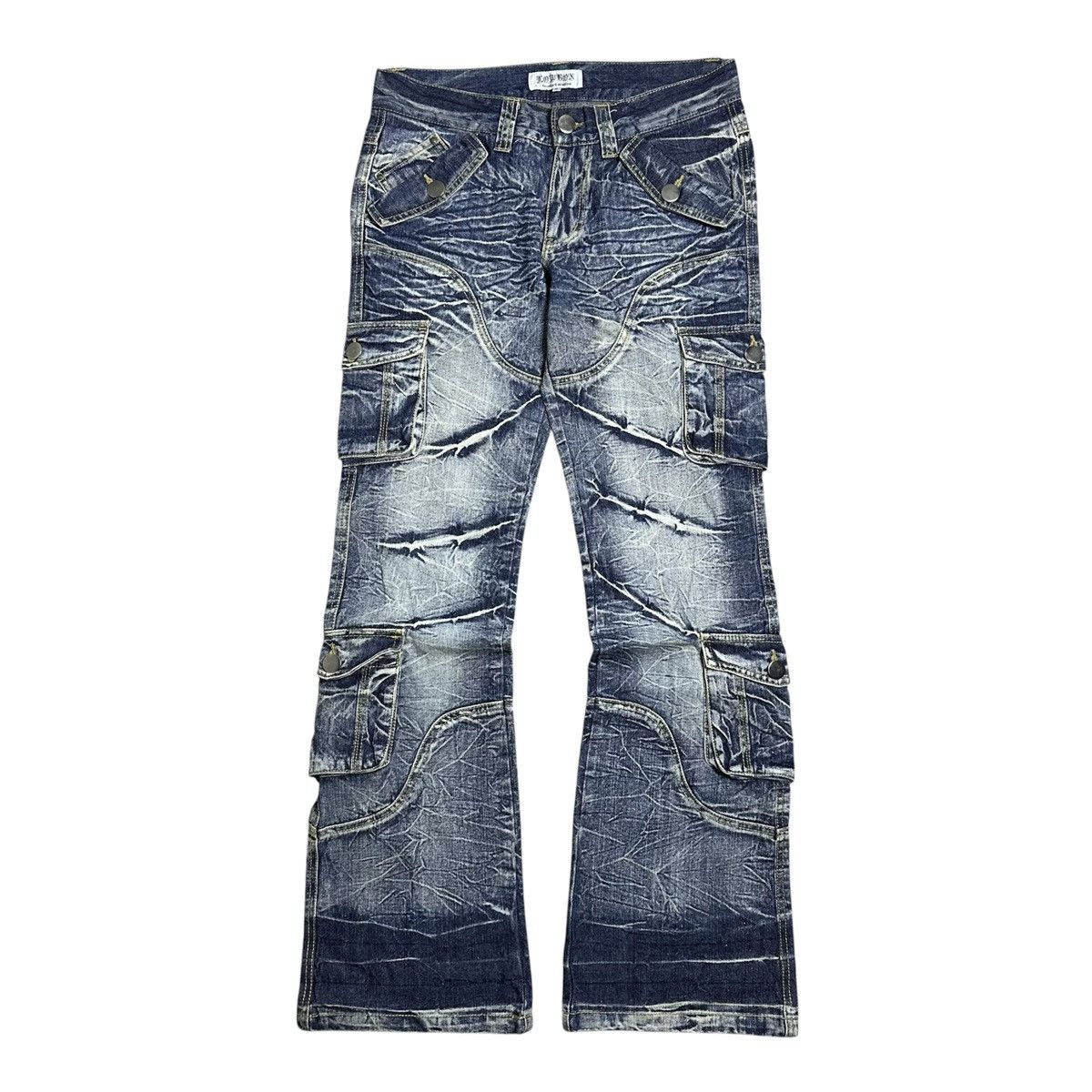 Japanese Brand Lowbox Distressed Flare Cargo Jeans Size US 31 - 1 Thumbnail