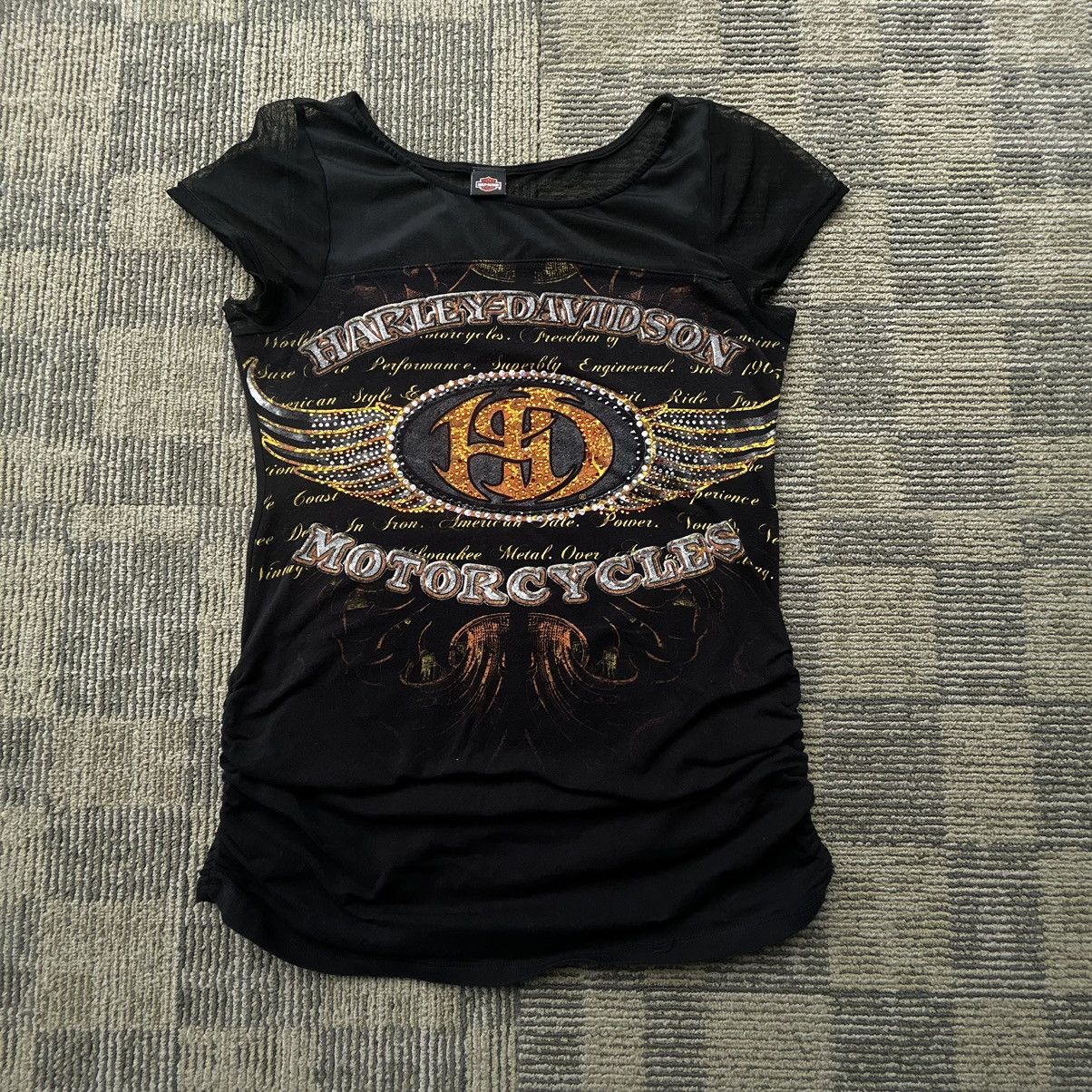 Harley Davidson Vtg Harley Davidson Shirt Black Sheer Micro Mesh Embellished Size L / US 10 / IT 46 - 1 Thumbnail