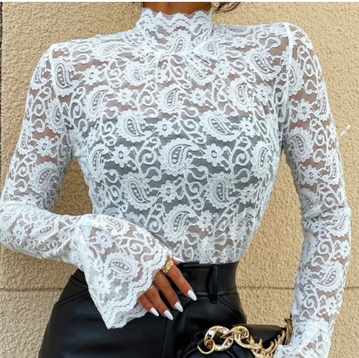 Designer × Other NWT, Lavishly Paris Women’s White Lace Mock Neck Size M / US 6-8 / IT 42-44 - 8 Thumbnail