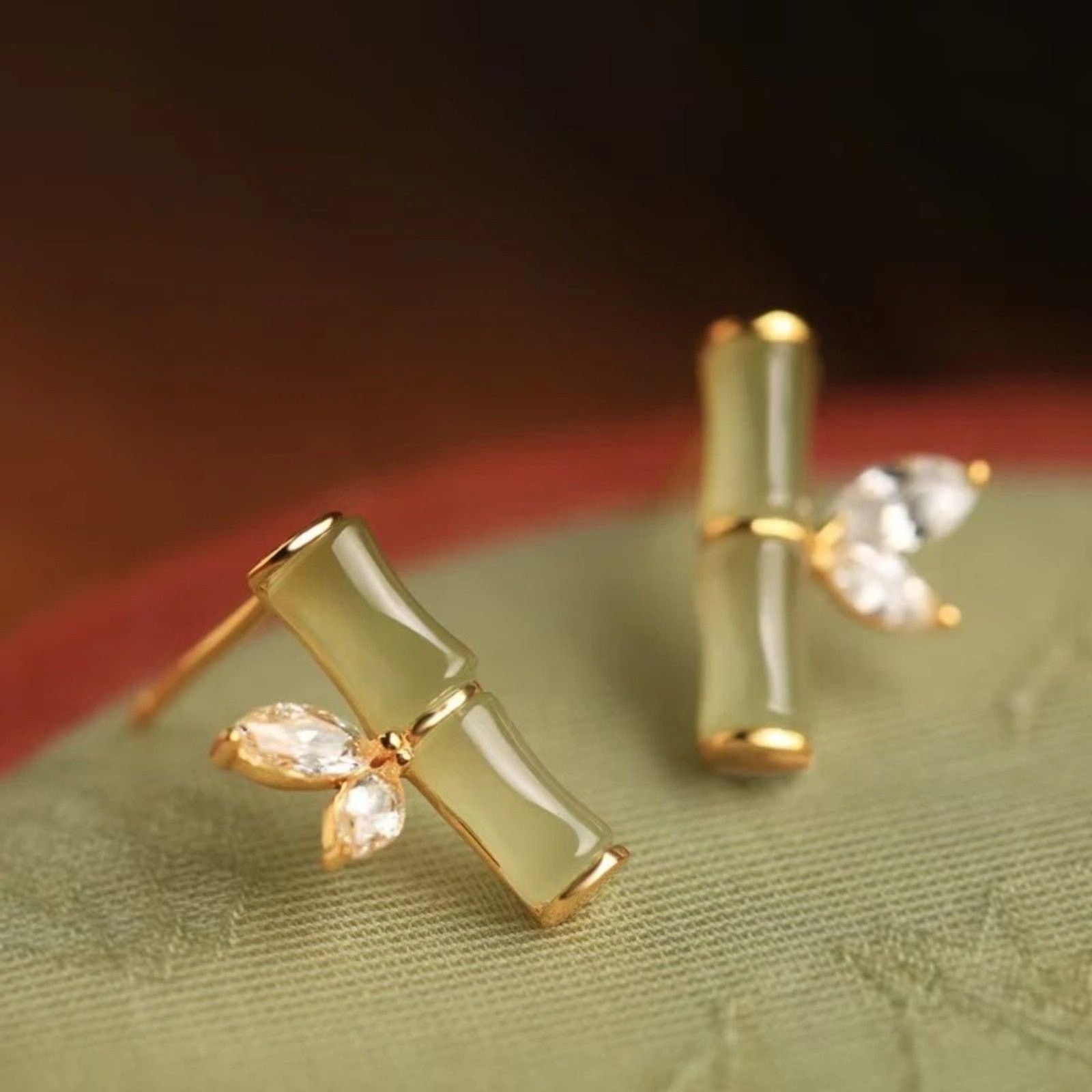 Other Dainty Elegant Bamboo Faux Jade Stud Earrings Crystal Accent Size ONE SIZE - 3 Thumbnail