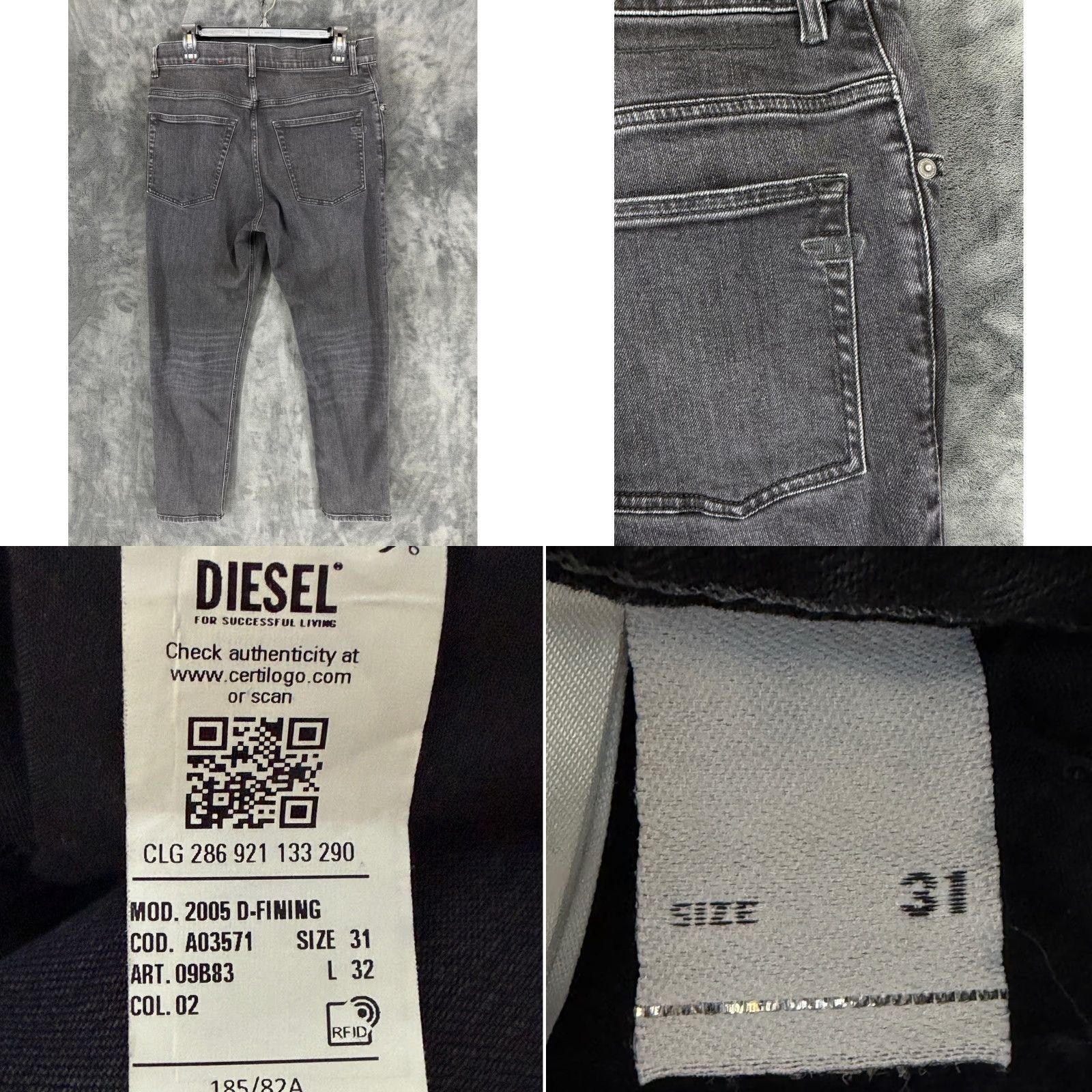 Diesel Diesel 2005 D-Fining Tapered Slim Gray Jeans Mens 31 09B83 Stretch Denim Size US 31 - 8 Thumbnail