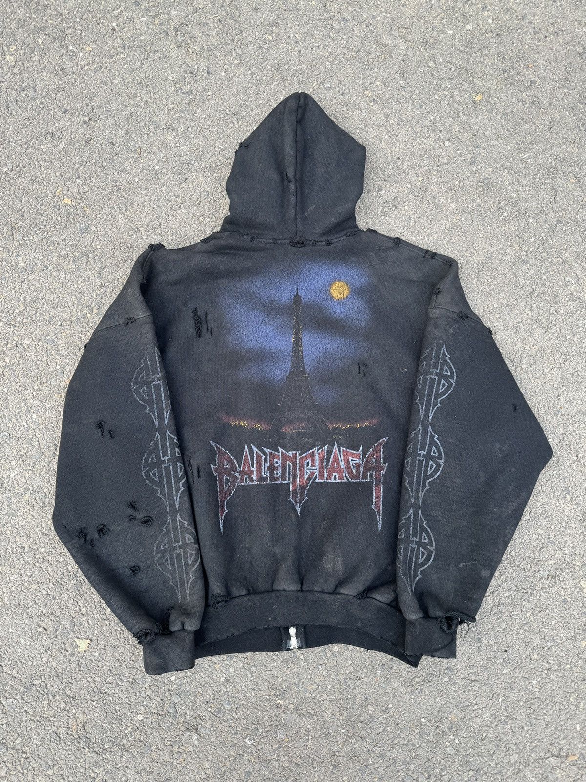 Image of 1/15 Balenciaga Paris Moon Zip Up Hoodie Black Faded Sz1, Men's (Size Small)