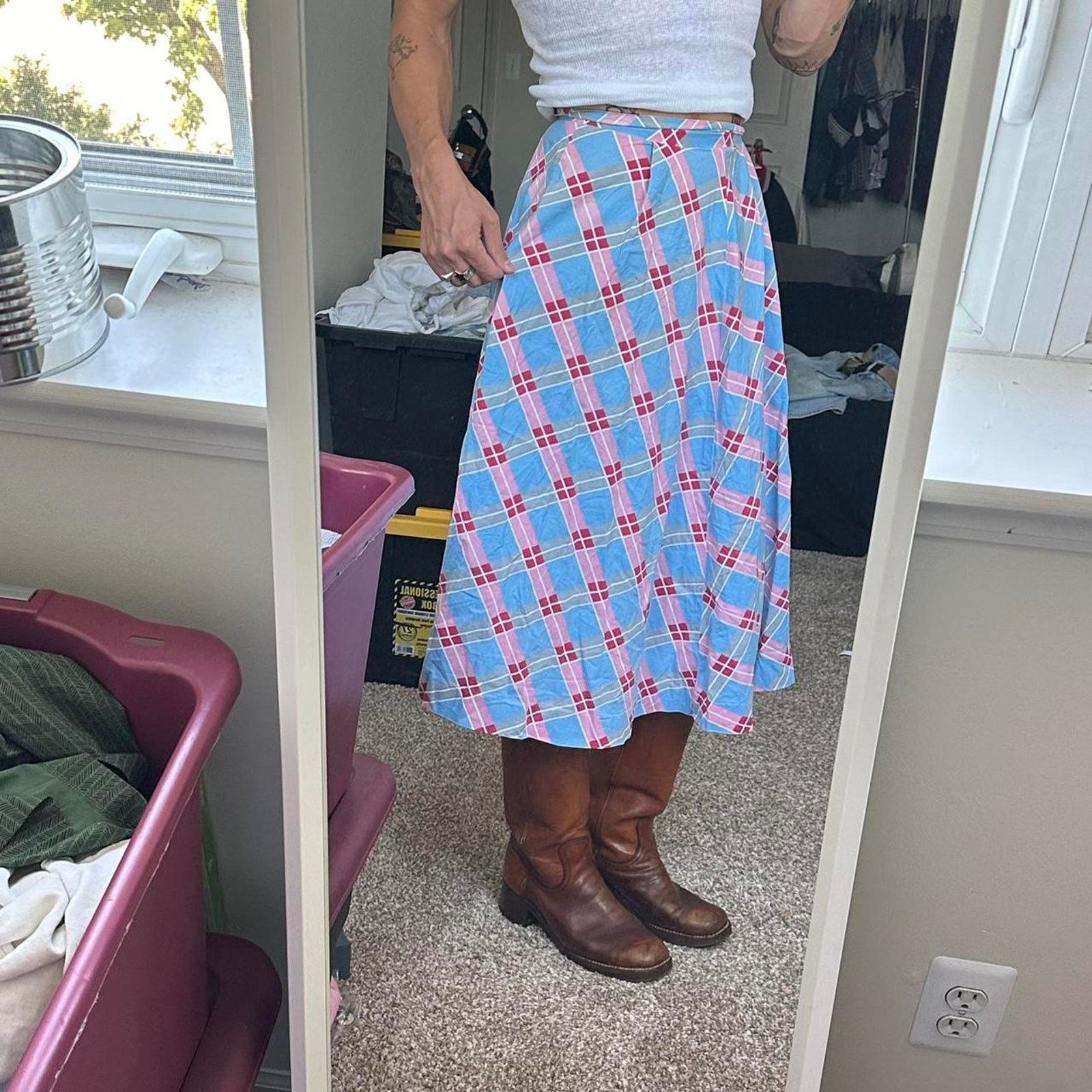 Vintage Vintage 60s 70s Hand Made Plaid Checkered Long A-Line Skirt Size 23" - 3 Thumbnail