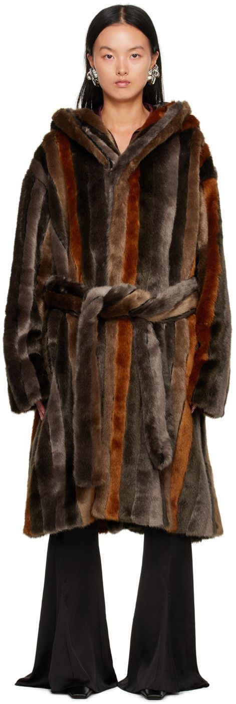 Acne Studios Acne Studios Brown Striped Faux-Fur Coat Size L / US 10 / IT 46 - 1 Thumbnail