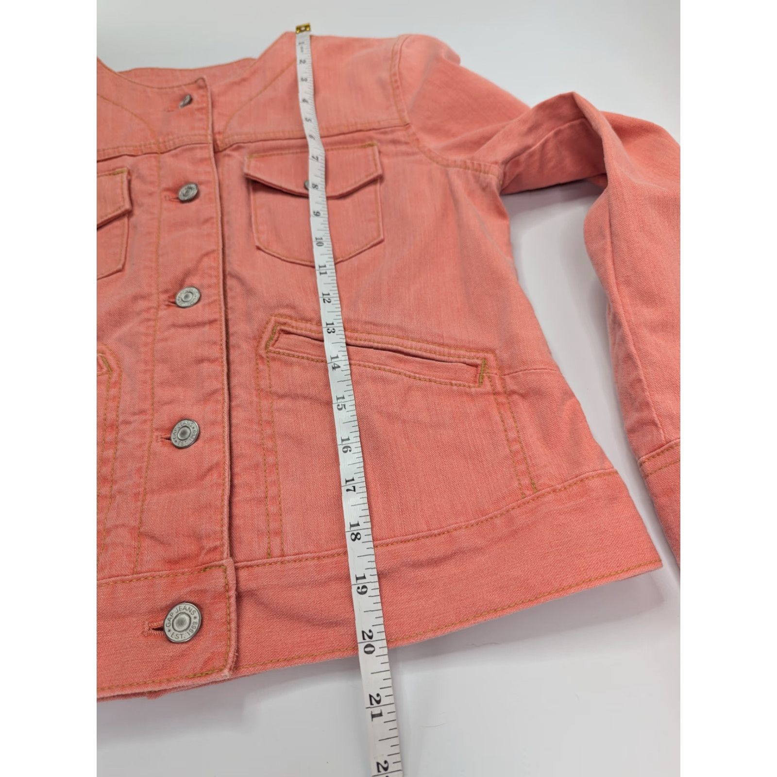 Gap VINTAGE Gap Peach Orange Denim Collarless Jacket Snap Cuffs Sz Small Stretch Rockabilly Size S / US 4 / IT 40 - 6 Thumbnail