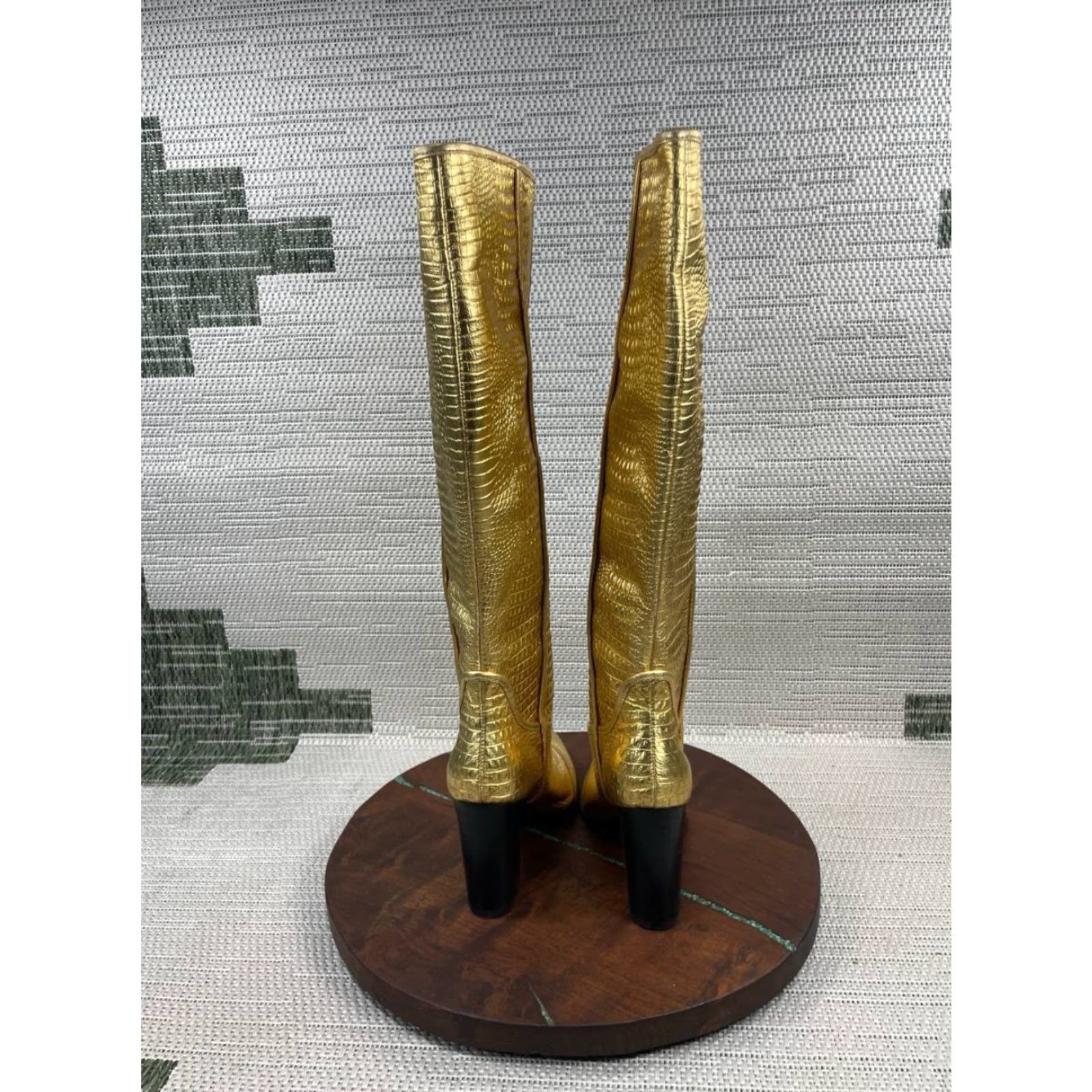 Vintage Cecelia New York Reckon Boots Womens Size 8 B Gold Leather Croc Embossed Mid-Calf Riding Block Heel Leather Lining Casual Outdoor Vintage: No Size US 8 / IT 38 - 6 Thumbnail