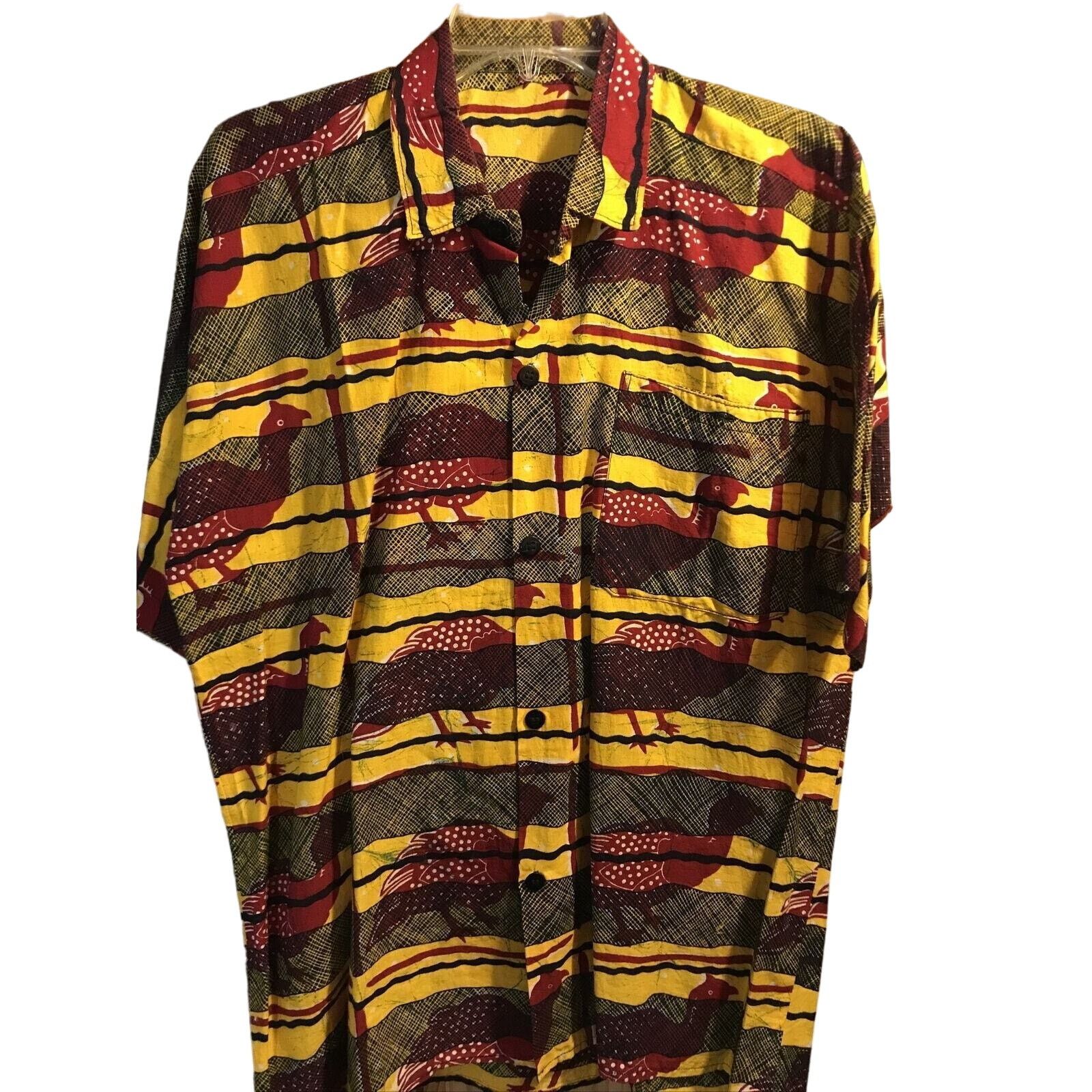 Vintage Mens L Yellow Striped Red Bird Print SS Button Shirt