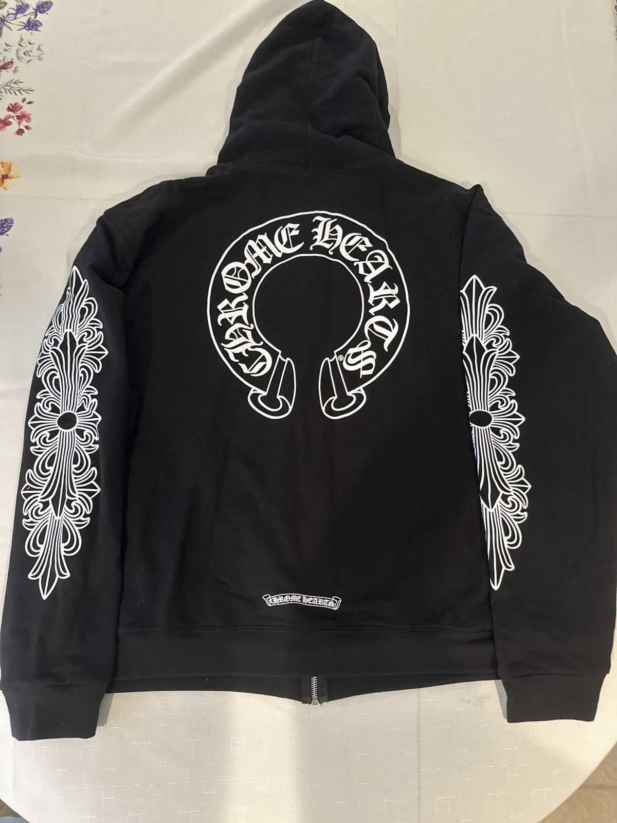 Chrome Hearts Horseshoe Floral Cross-Sleeve Zip Up Hoodie