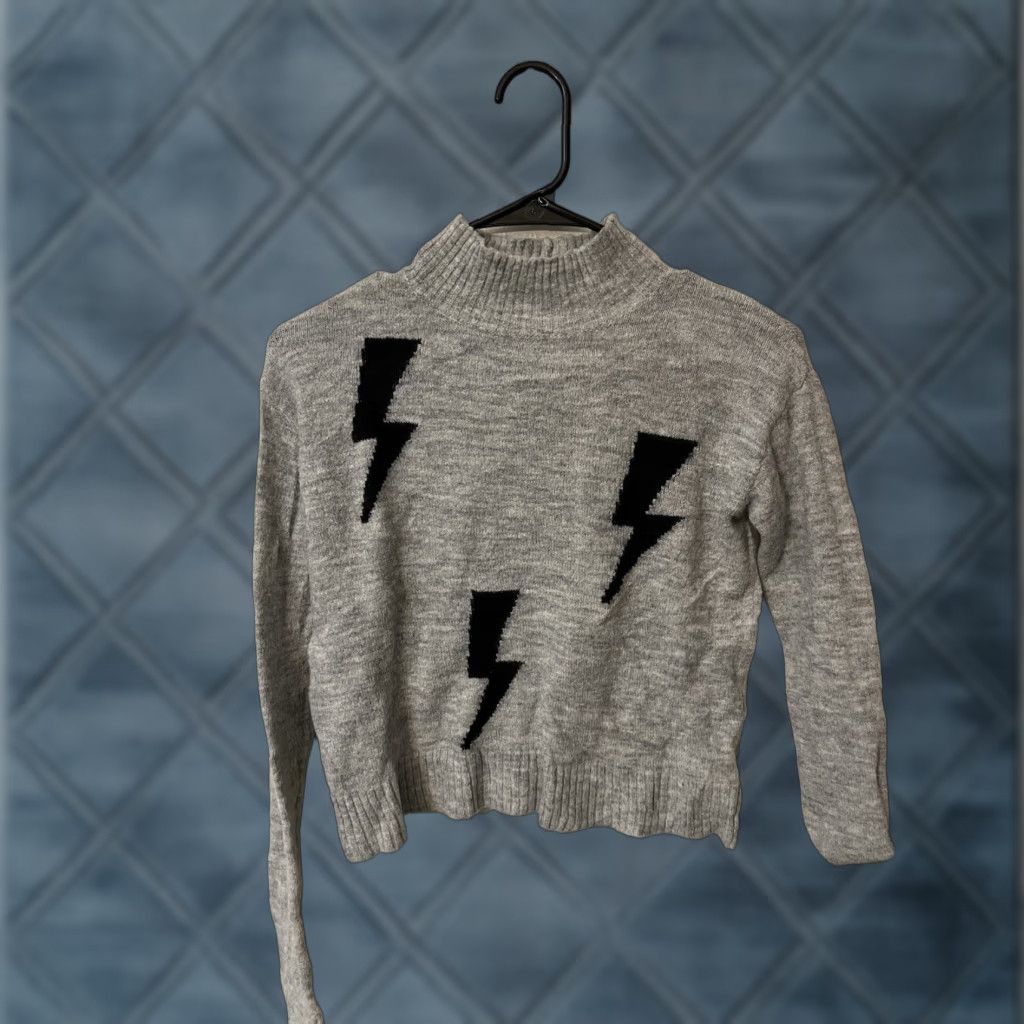 Express VINTAGE Express Women's Sweater Crop Knit Pullover Long Sleeve Crew Neck Size 2XS Gray Lightning Bolts Acrylic Wool Blend Fall Ladies Size XXS / US 00 / IT 34 - 1 Thumbnail