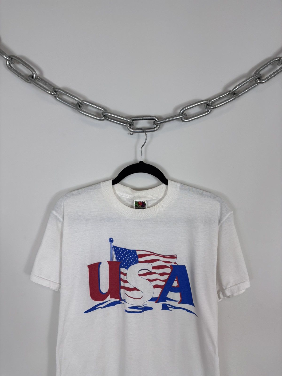 Fruit Of The Loom Vintage 1990s Big USA Flag Logo White T-Shirt Tee Size US M / EU 48-50 / 2 - 3 Thumbnail