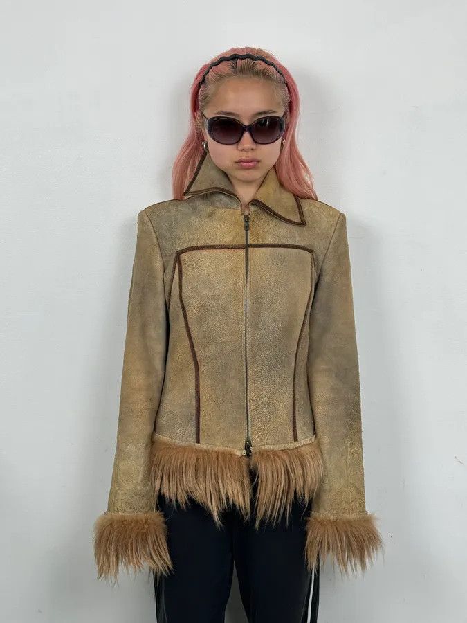 Roberto Cavalli 2000s Roberto Cavalli Beige Suede Baroque Prints & Fur Jacket Size M / US 6-8 / IT 42-44 - 2 Thumbnail