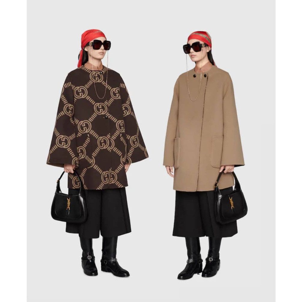 Image of Gucci Coat Wool Reversible GG Interlocking Brown Tan Xs, Women's