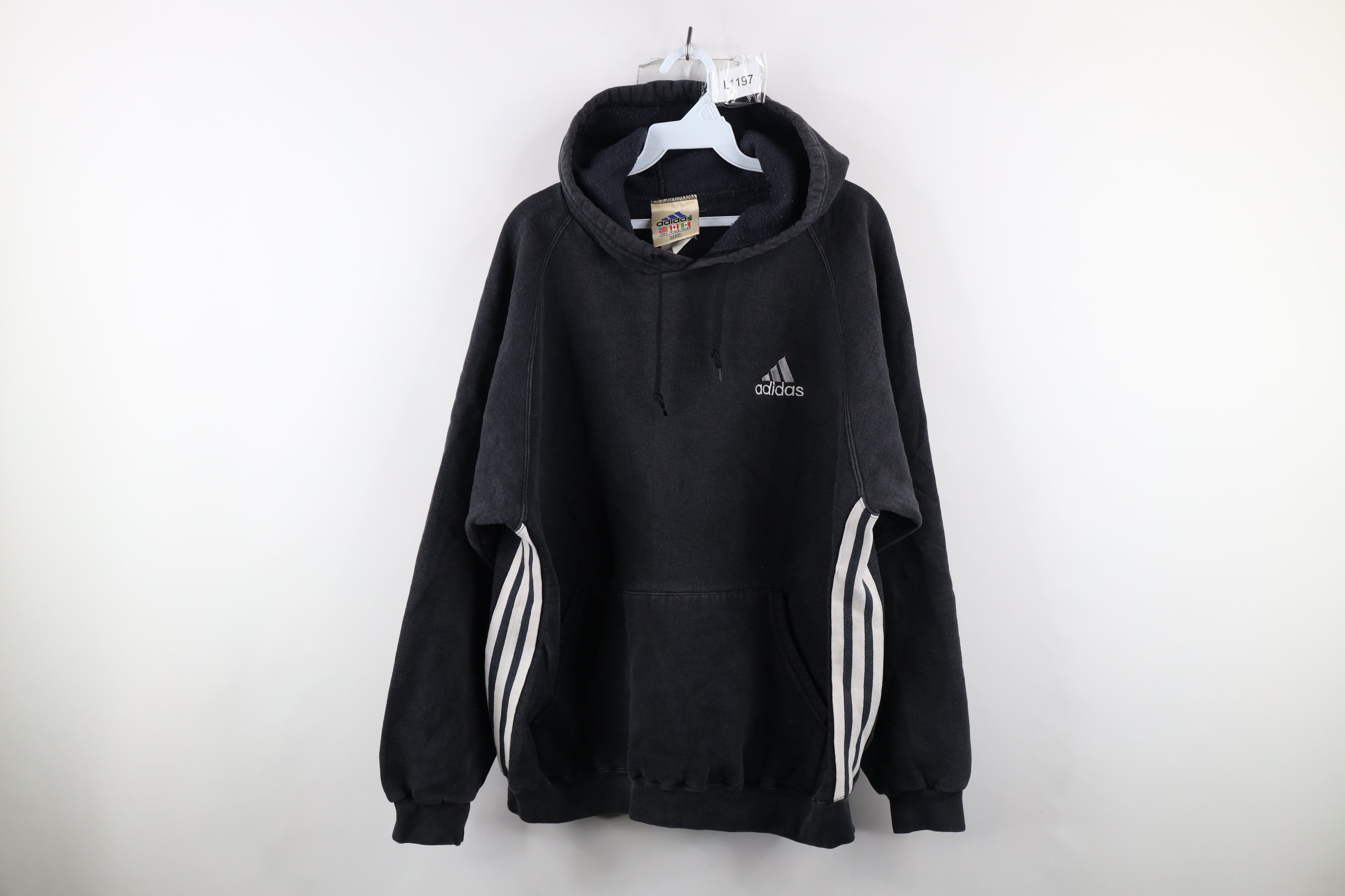 image of 90's Adidas Out Striped Heavyweight Hoodie Usa Black, Men's (Size Large)