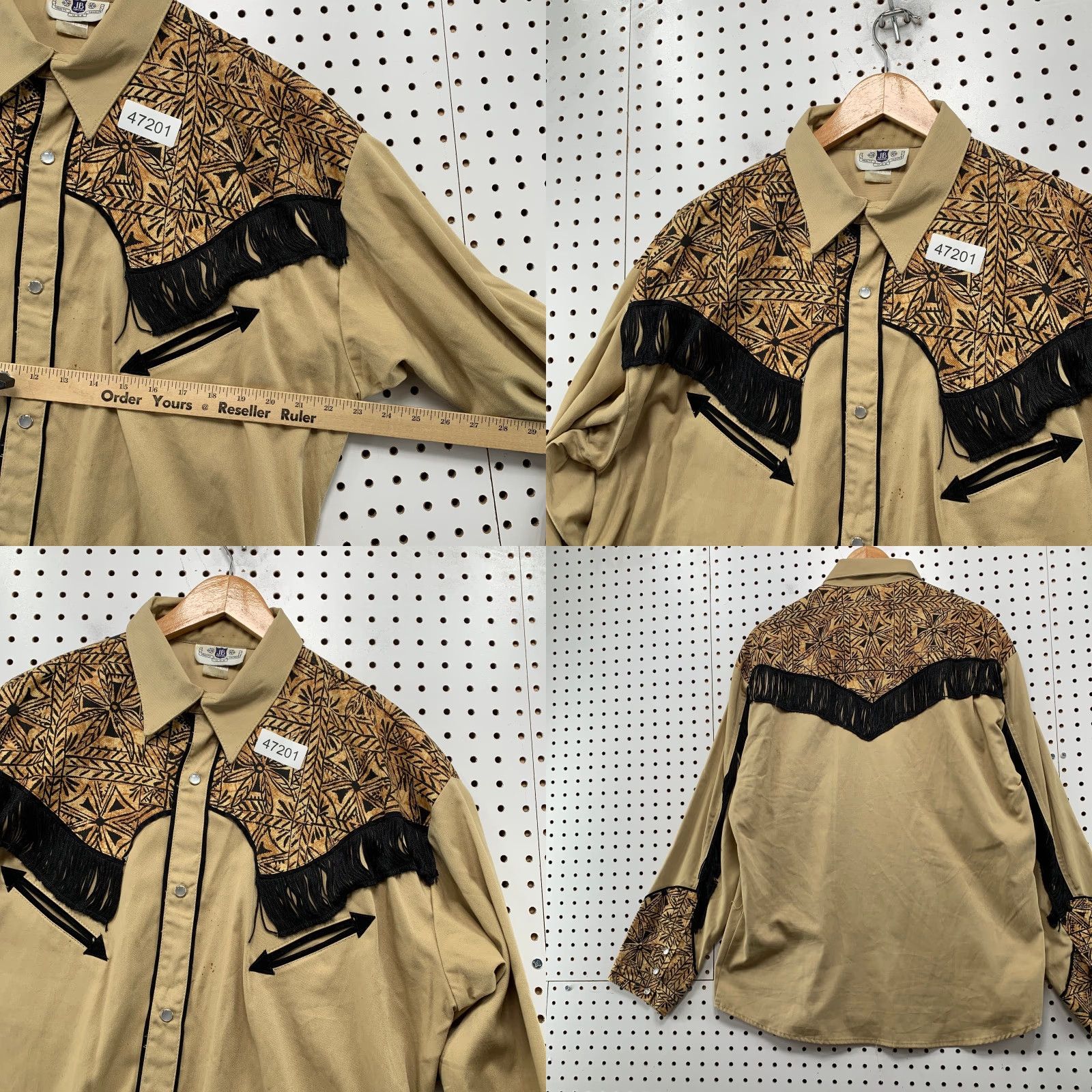 Vintage VINTAGE JB Trinity Western Snap Shirt Mens XL Beige Fringe Up Cowboy Made USA Shirt Mens XL Beige Fringe Western Cowboy 1960s 1970s Mens Size US XL / EU 56 / 4 - 9 Thumbnail