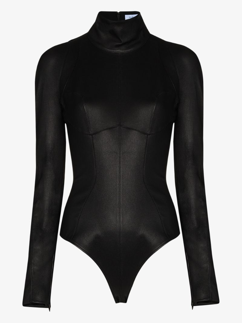 image of Mugler O1Mle0524 Leather Bodysuit In Black, Women's (Size Small)