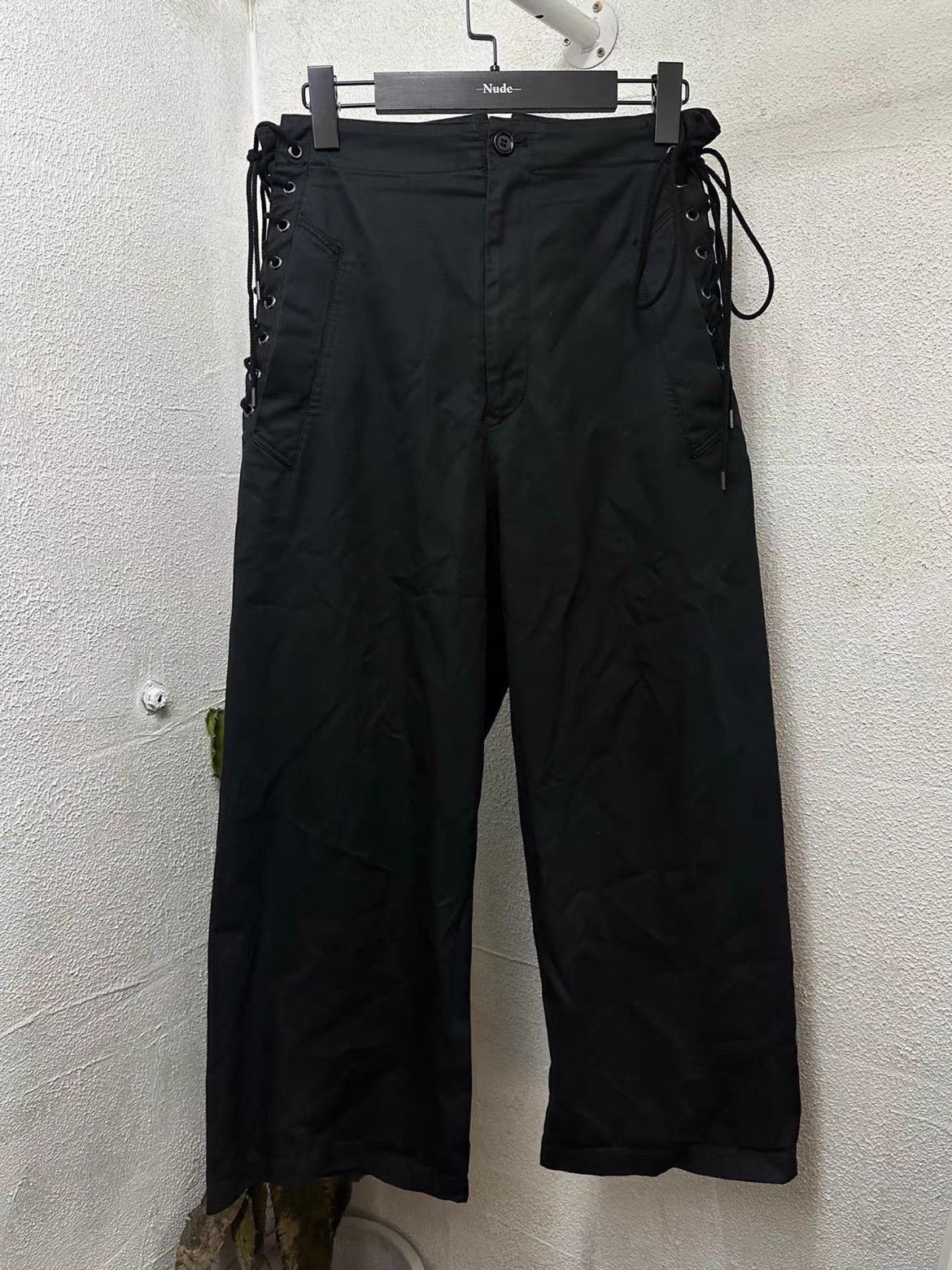 Yohji Yamamoto Black Wide-Leg Pants with Lace-Up Side Details Size US 35 - 1 Thumbnail
