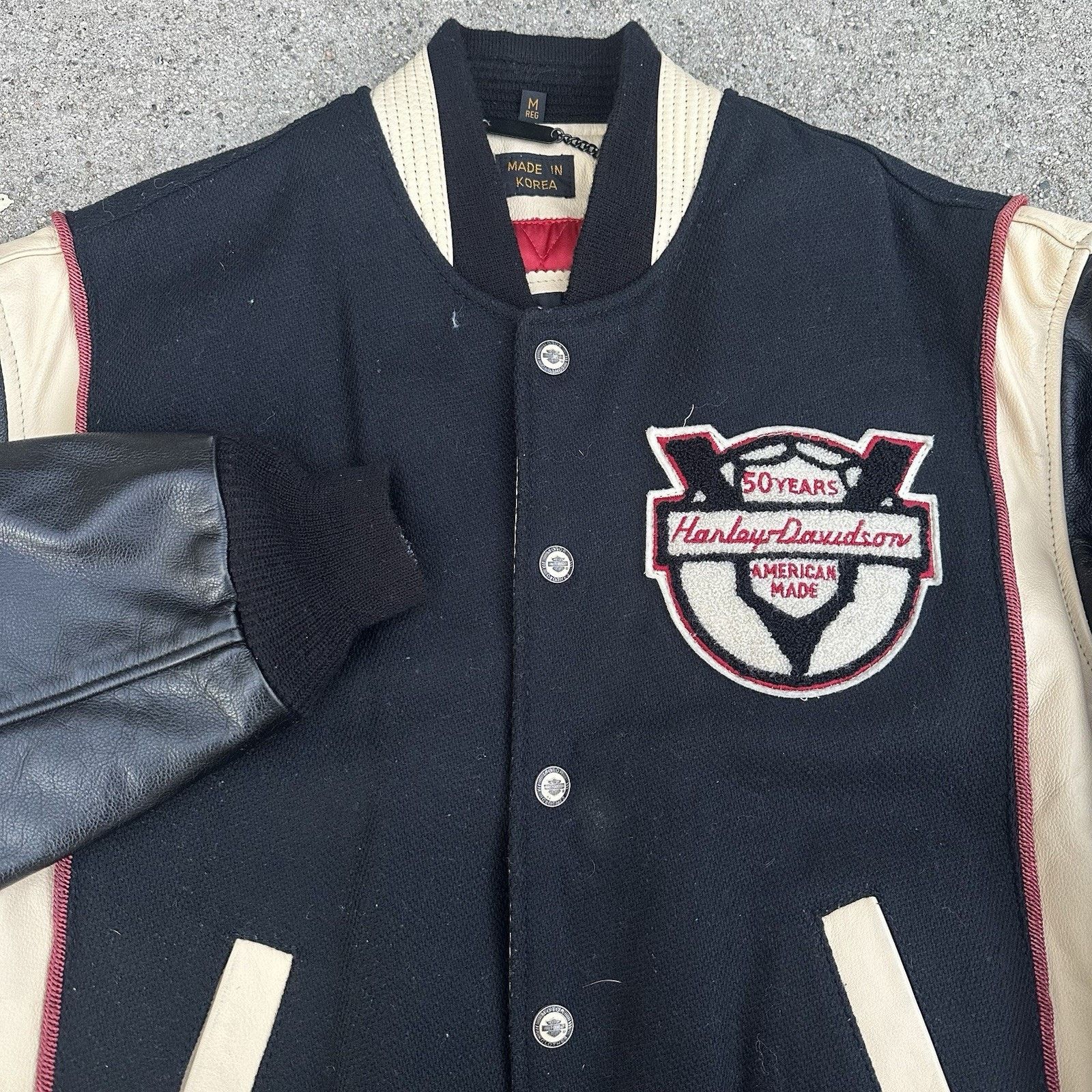 Harley Davidson × Vintage Vintage Harley Davidson Black Leather Wool Varsity Jacket Size US M / EU 48-50 / 2 - 2 Thumbnail