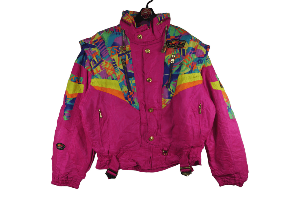 Vintage 90s Ellesse Goldwin Ski Wear Competition Racing Jacket Hoodie  Racing Full Zipper Multi Colour Abstract Block Design Size Medium 