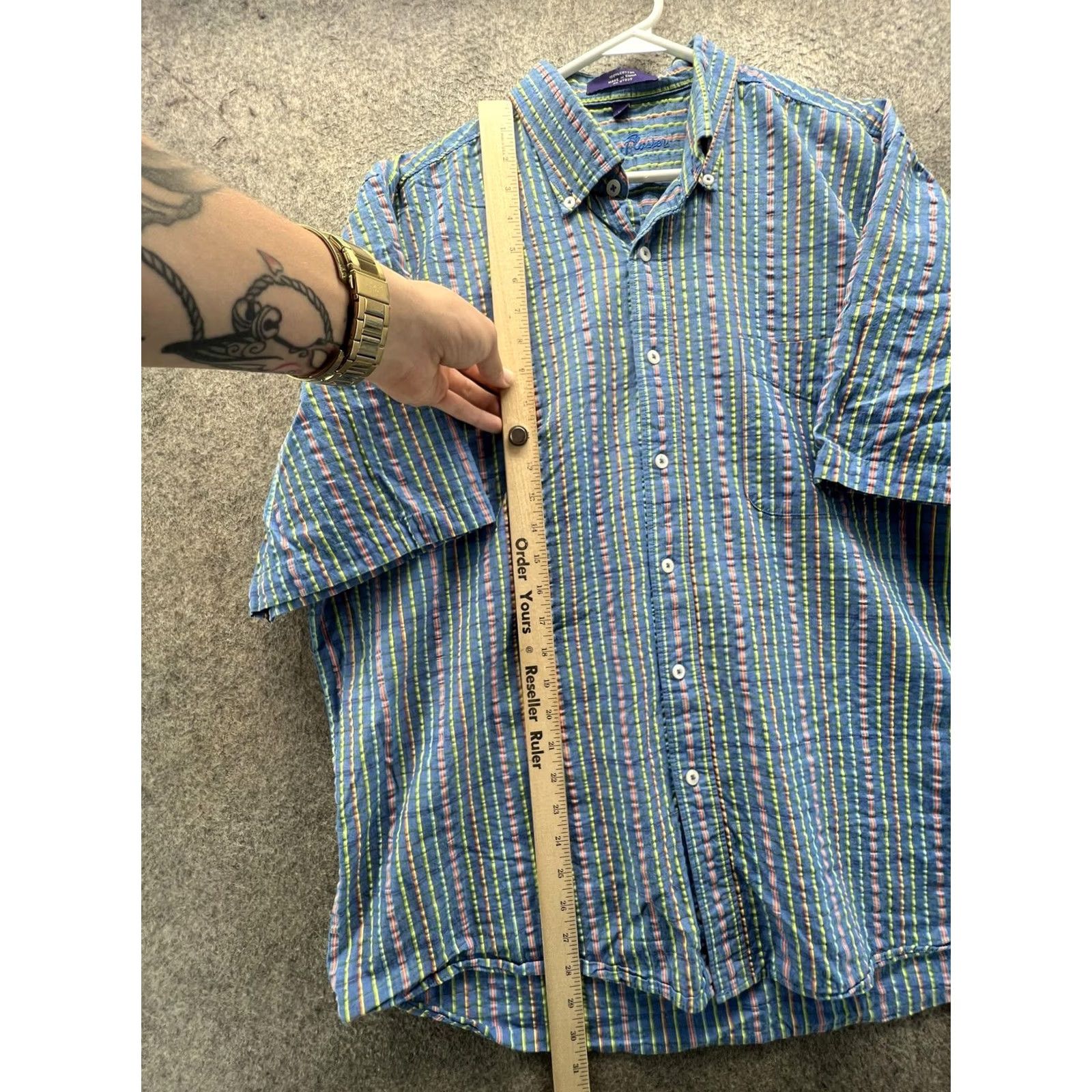 Vintage Alan Flusser Shirt Mens XL Blue Striped Short Sleeve Button Front Cotton Oxford Seersucker Casual Size US XL / EU 56 / 4 - 4 Thumbnail
