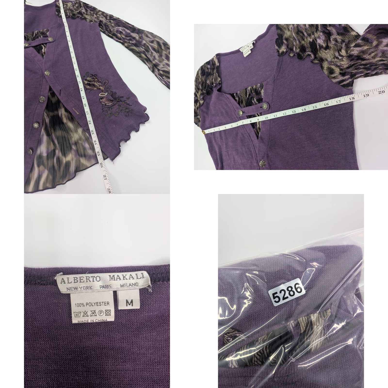 Vintage Alberto Makali Blouse Woman's M Crinkle Animal Print Sleeve Scoop Neck Pullover Casual Party Travel Purple Polyester Regular Womens Size M / US 6-8 / IT 42-44 - 8 Thumbnail