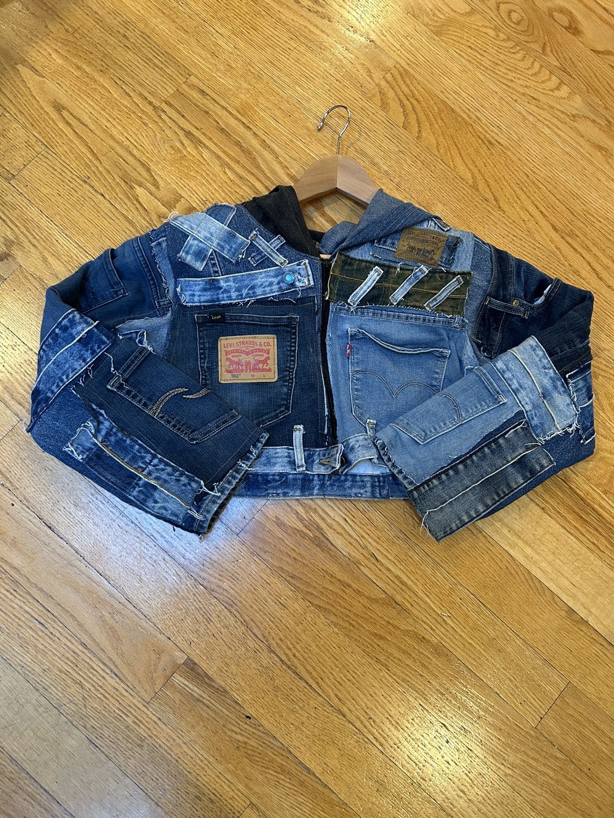 image of Levis x Vintage Cropped Patchwork Denim Jacket in Blue, Men's (Size Small)