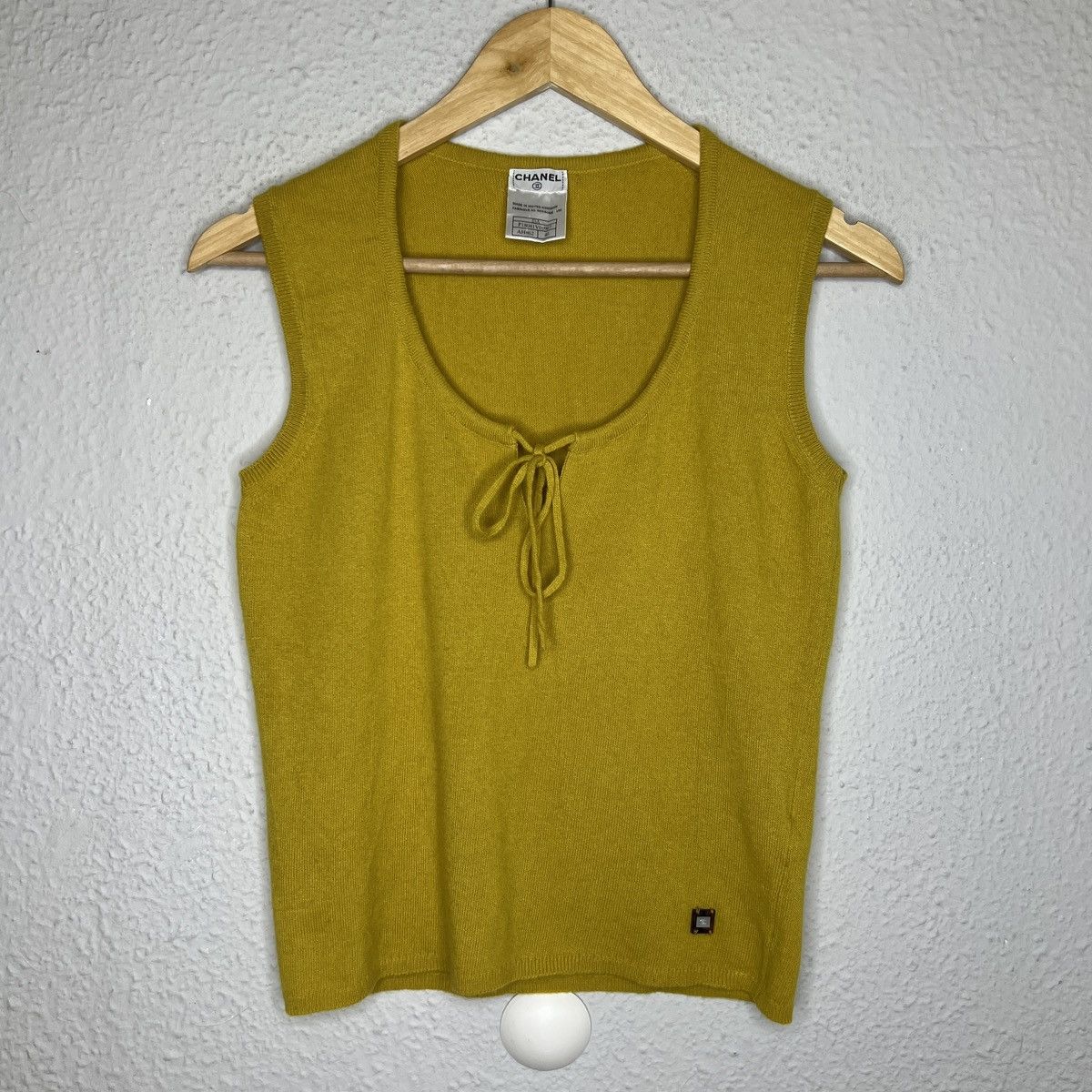 image of Vintage Chanel Cashmere Top Blouse Yellow Logo in Mustard, Women's (Size Small)