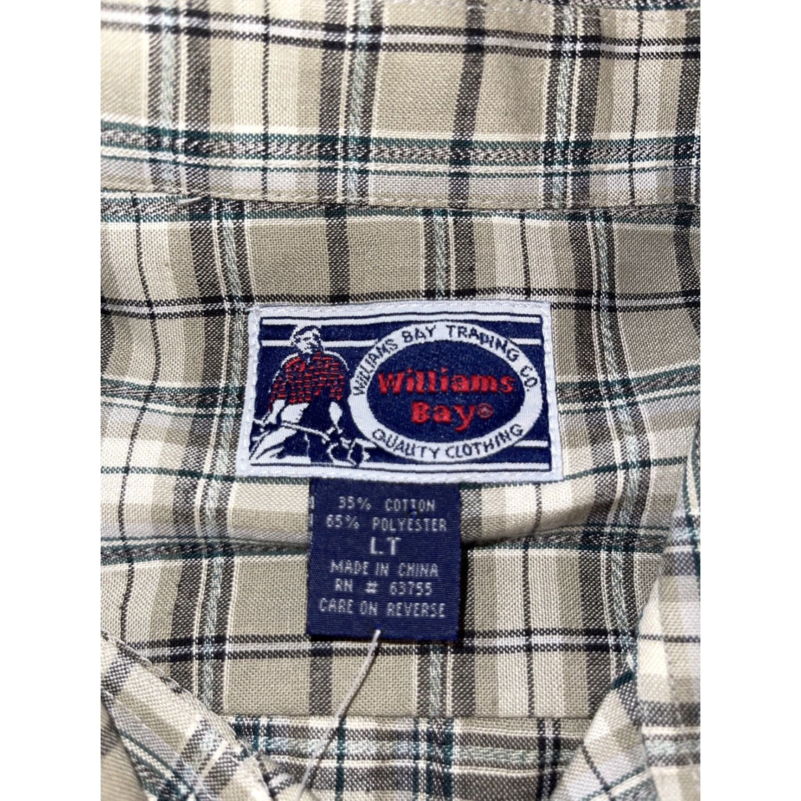 Vintage Williams Bay Plaid Oxford Flannel Shirt Button-Down Large Tall Tan Green Cream Cotton-Polyester Button-Up Mens Size US L / EU 52-54 / 3 - 4 Thumbnail