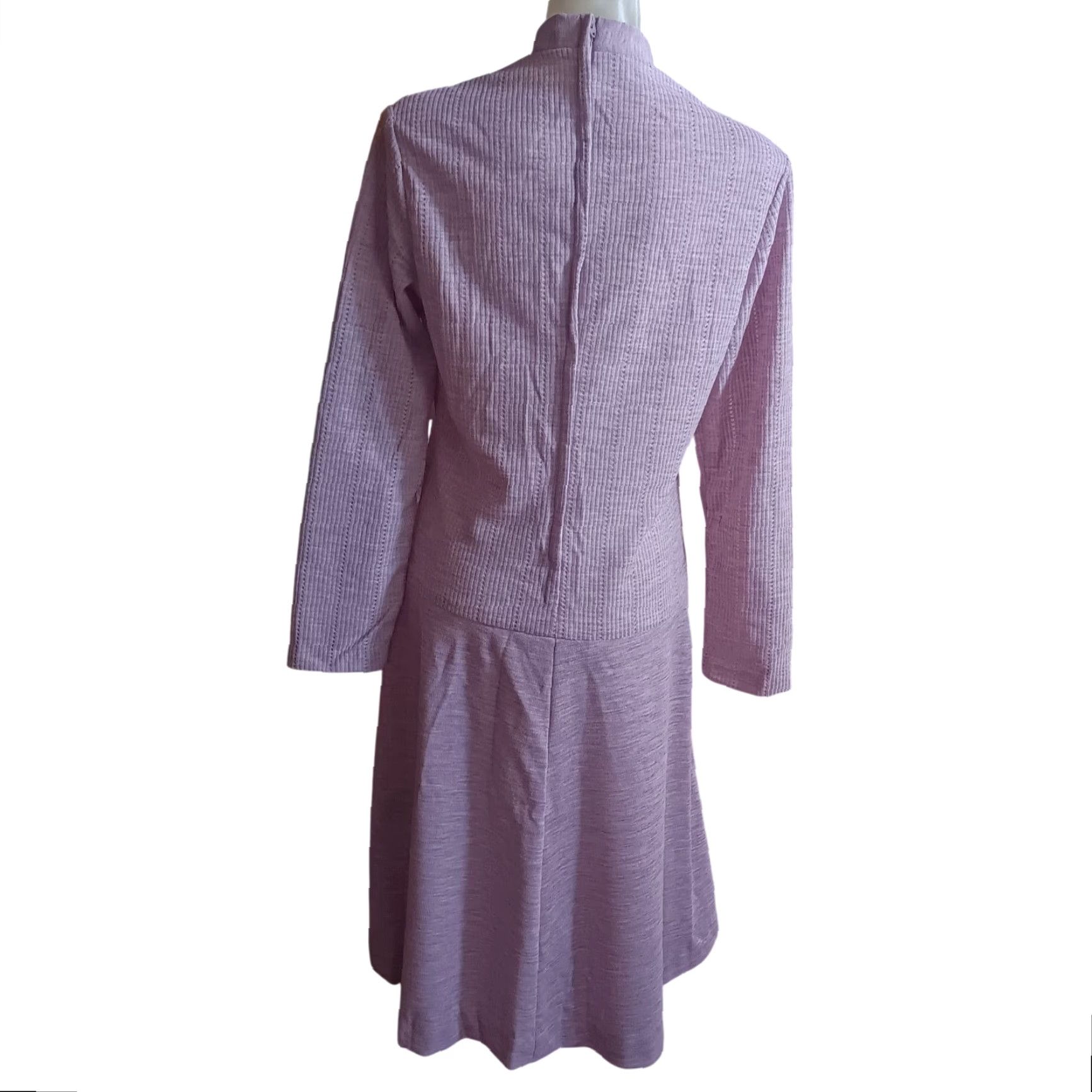 VINTAGE Lady Blair Pink Textured Knit Long Sleeve Dress Tie Neck Size 14 1970s Womens