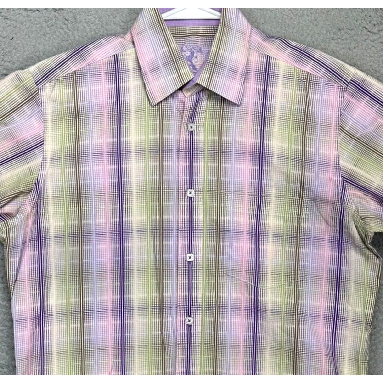 BUGATCHI BUGATCHI Button Up Shirt Mens Medium Plaid 100% Cotton Short Sleeve Multi Color Casual Chest 44 in Cotton Regular Fit 2XL? Size US XXL / EU 58 / 5 - 2 Thumbnail