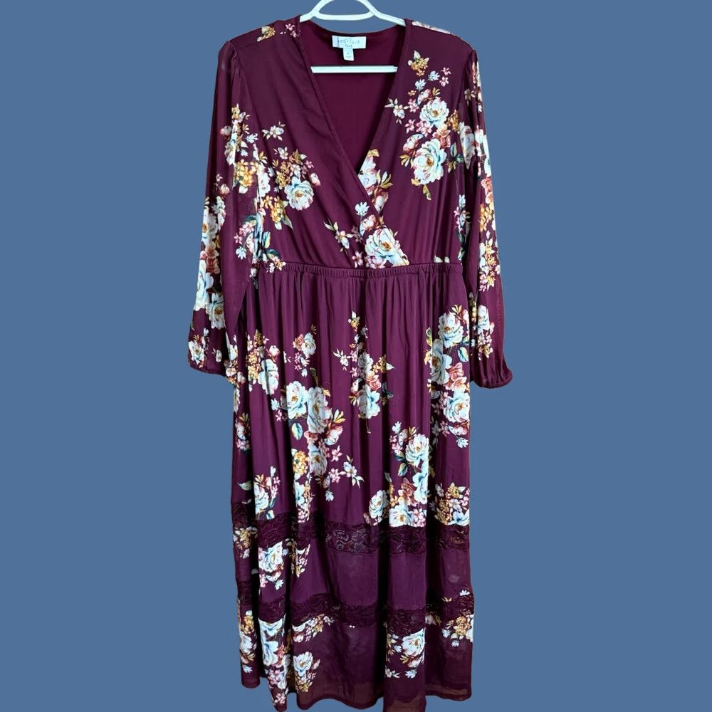 Vintage Maxi Dress Womens 2X Burgundy Floral Romantic Coquette Cottage Core Beige Size XXL / US 16-18 / IT 52-54 - 1 Thumbnail