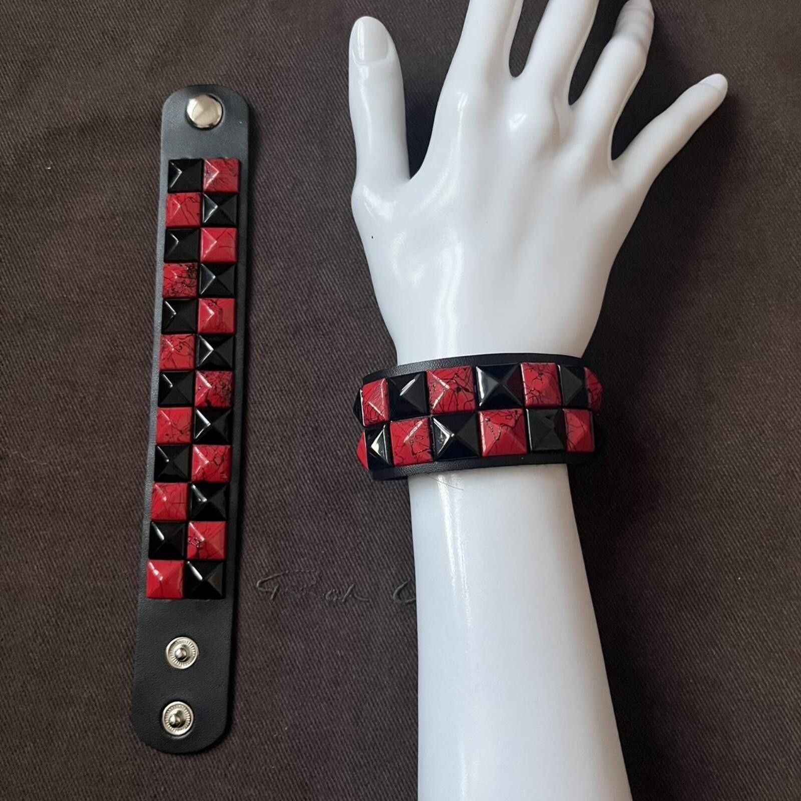 Other Black and red metal double Studded leather cuff Size ONE SIZE - 1 Preview