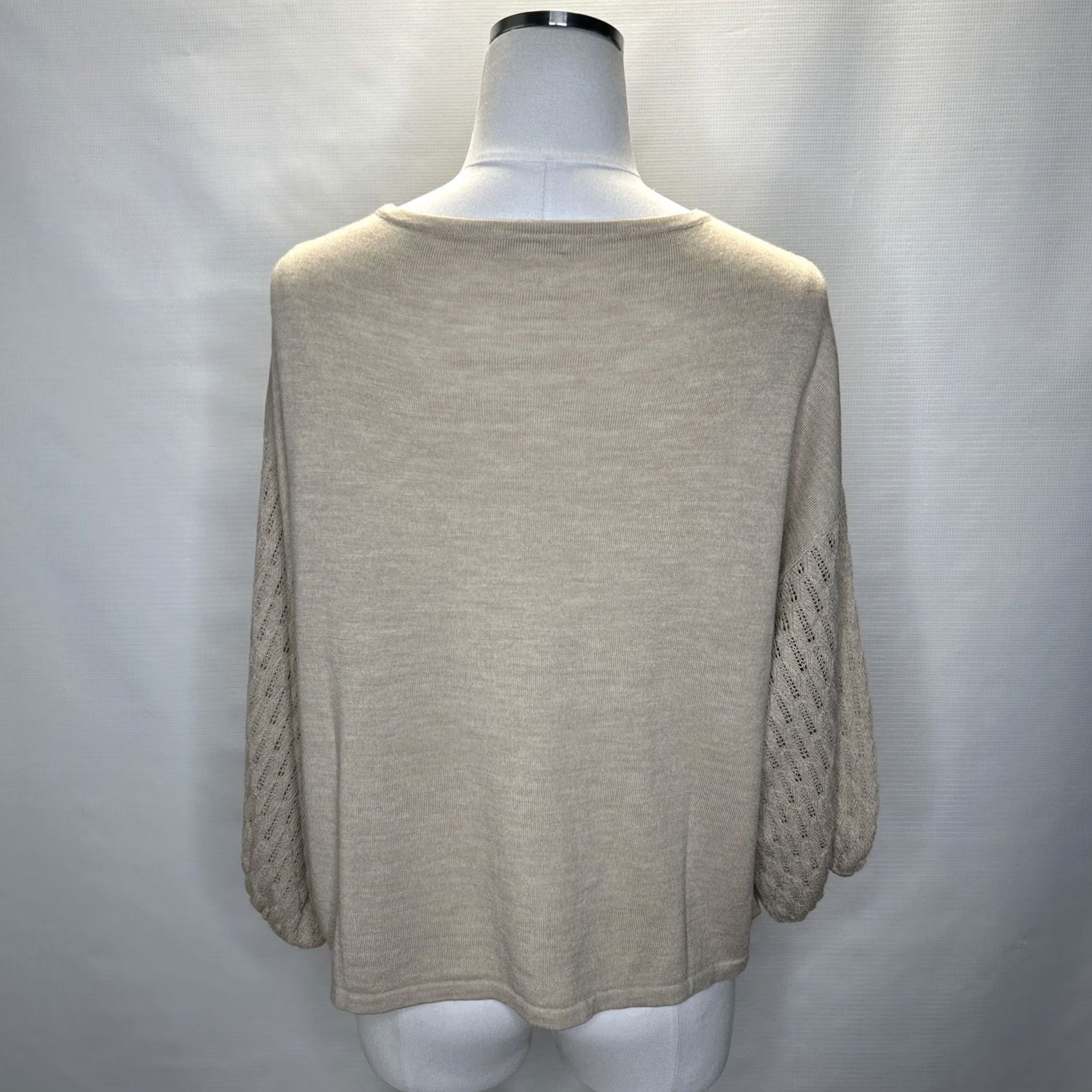 Vintage Garnet Hill Sweater Women’s Small Tan Pointelle Knit Dolman Half Sleeve Relaxed Fit Crew Neck Size S / US 4 / IT 40 - 4 Thumbnail