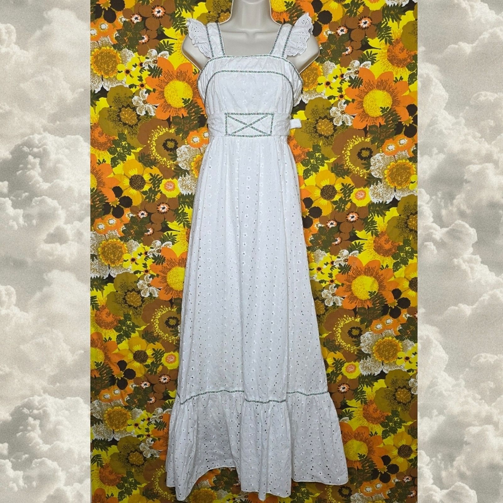 Vintage VTG Candi Jones California White Eyelet Prairie Maxi Dress Size XS / US 0-2 / IT 36-38 - 3 Thumbnail
