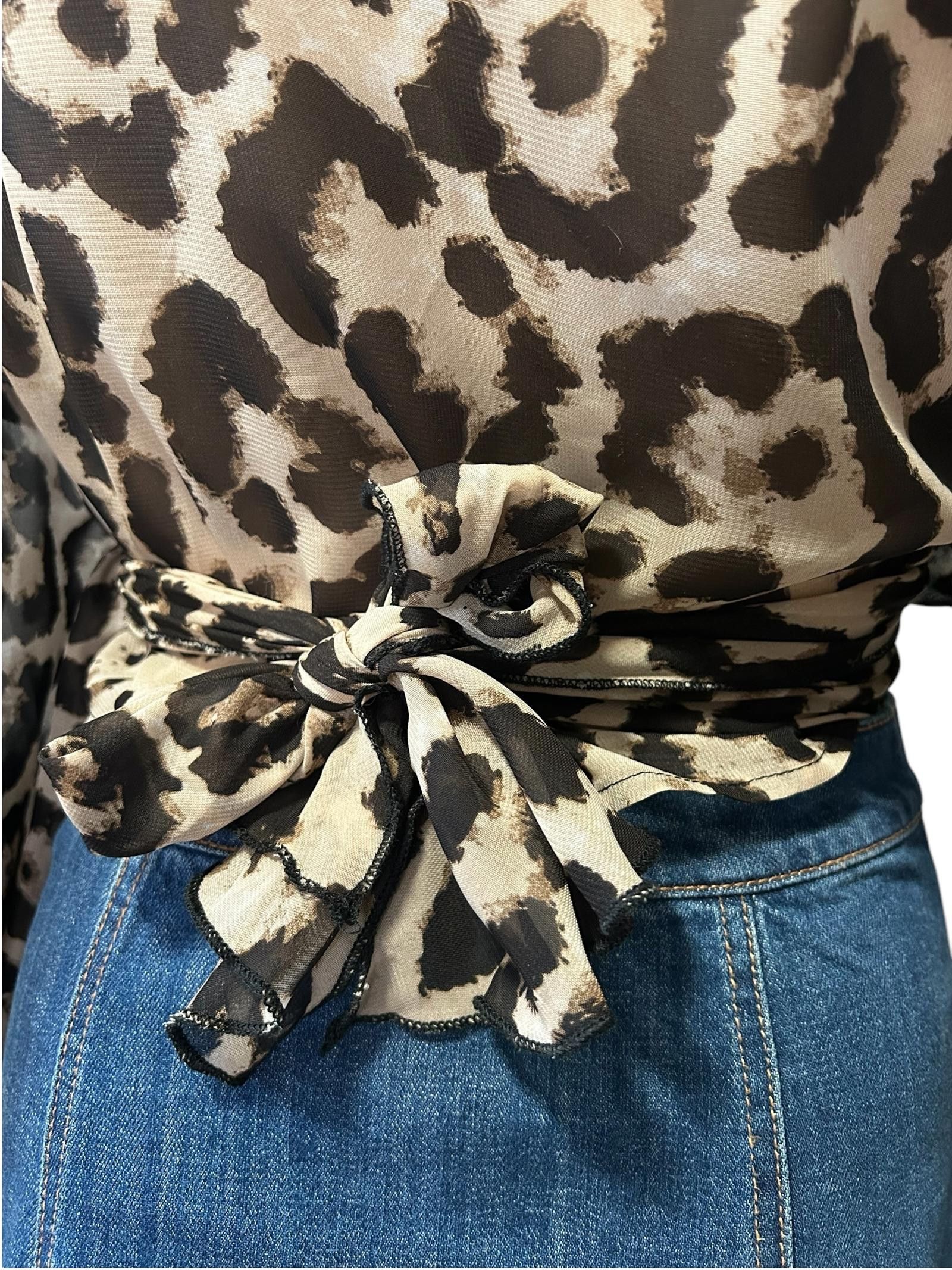 Designer Chic Leopard Wrap Top with Denim Skirt Size L / US 10 / IT 46 - 4 Thumbnail