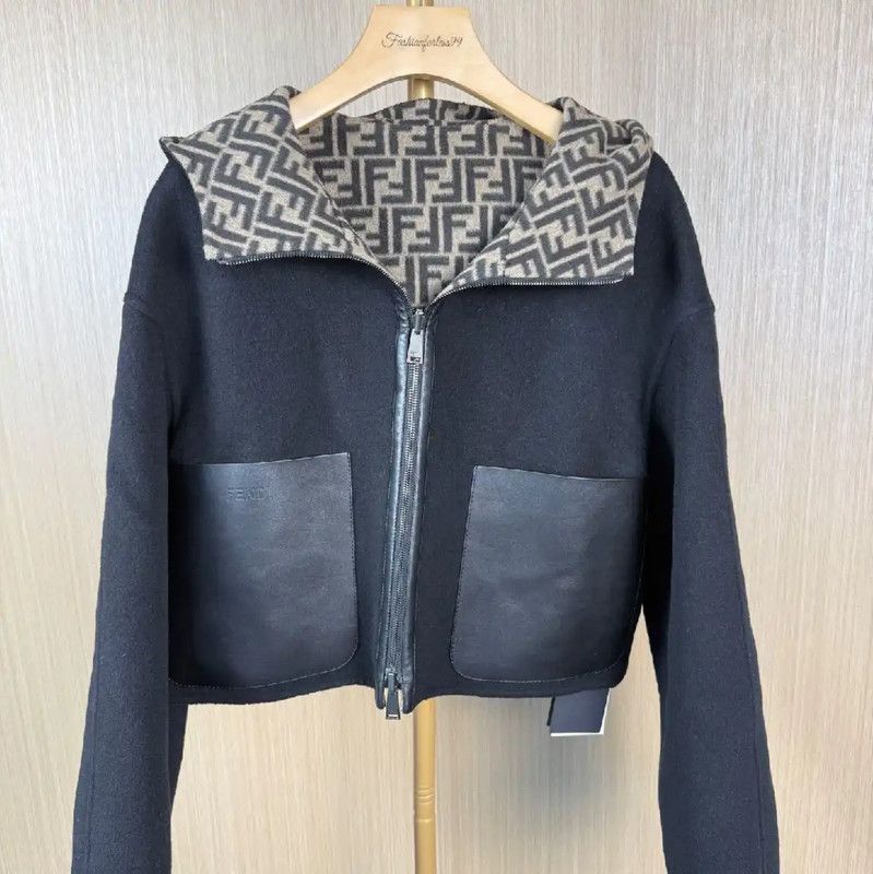 Fendi Fendi Women's Black Wool Jacket with Hood 0089 Size L / US 10 / IT 46 - 1 Thumbnail