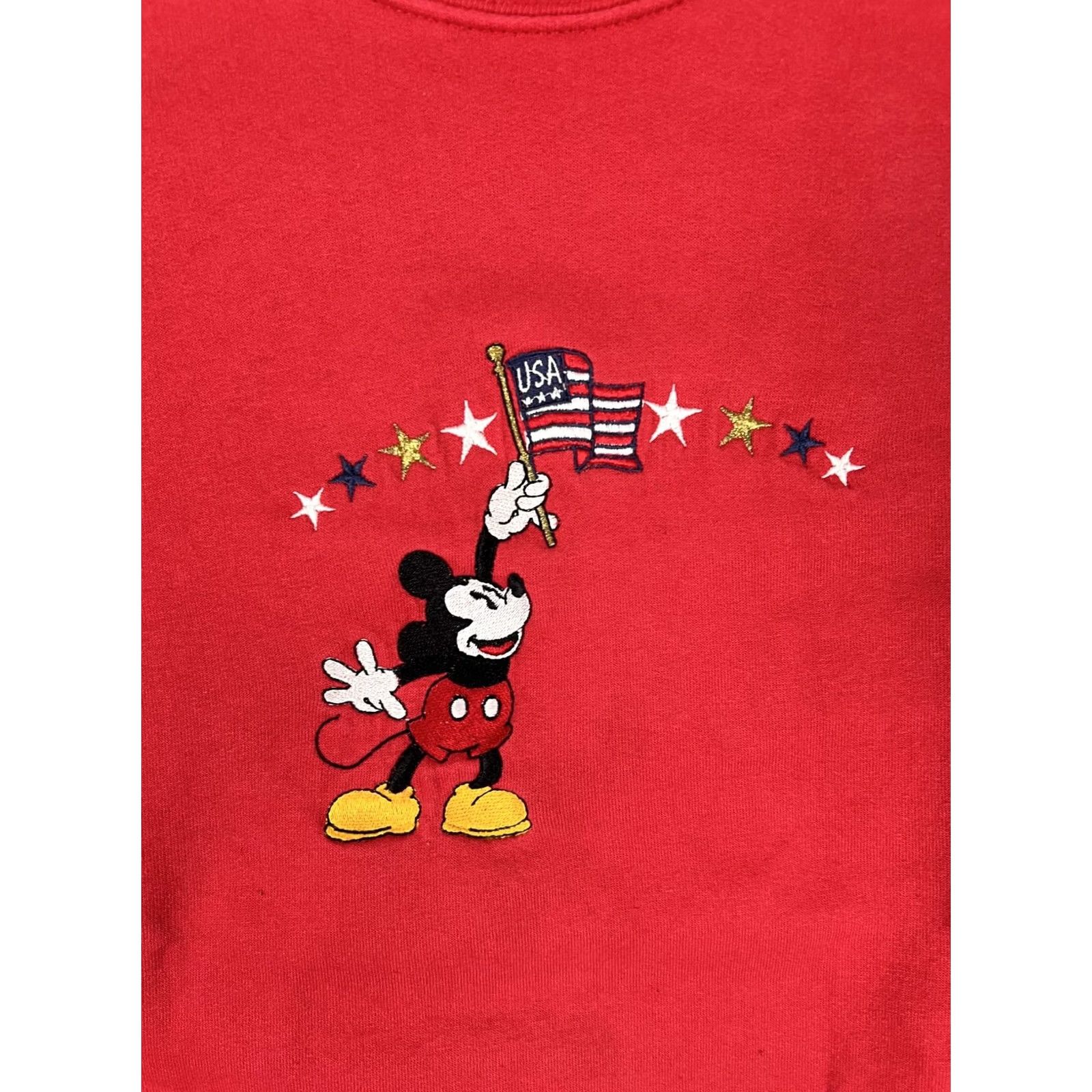 Disney VINTAGE Disney Mickey Mouse Sweatshirt Mens XL Red Embroidered Flag Patriotic USA Stars Crew Neck Pullover Graphic Print Cotton Polyester Fleece Size US XL / EU 56 / 4 - 2 Thumbnail